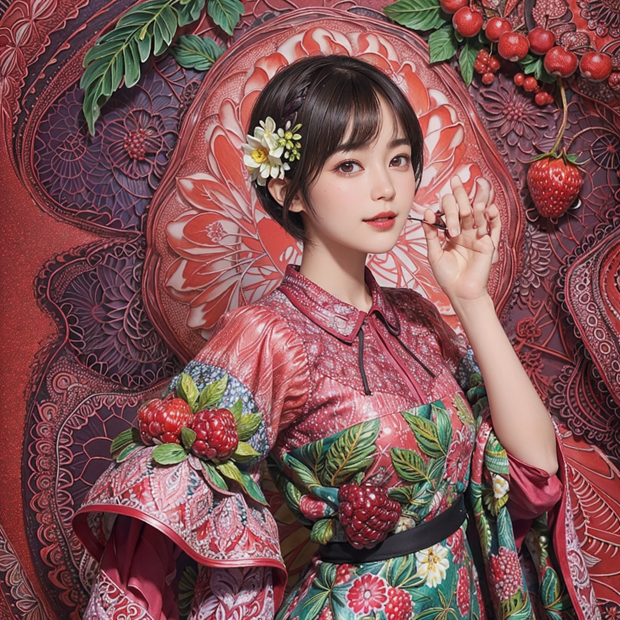(Ultra detailed backgrounds、detailedbackground)、absurderes、Hi-Res、ultra-detailliert、ighly detailed、1womanl、(Floral clothing)、(Zentangle:1.2)、(fractals:1.2)、(colourfull)、(A dark-haired、Berry - Shorthair:1.3)、A slight smil