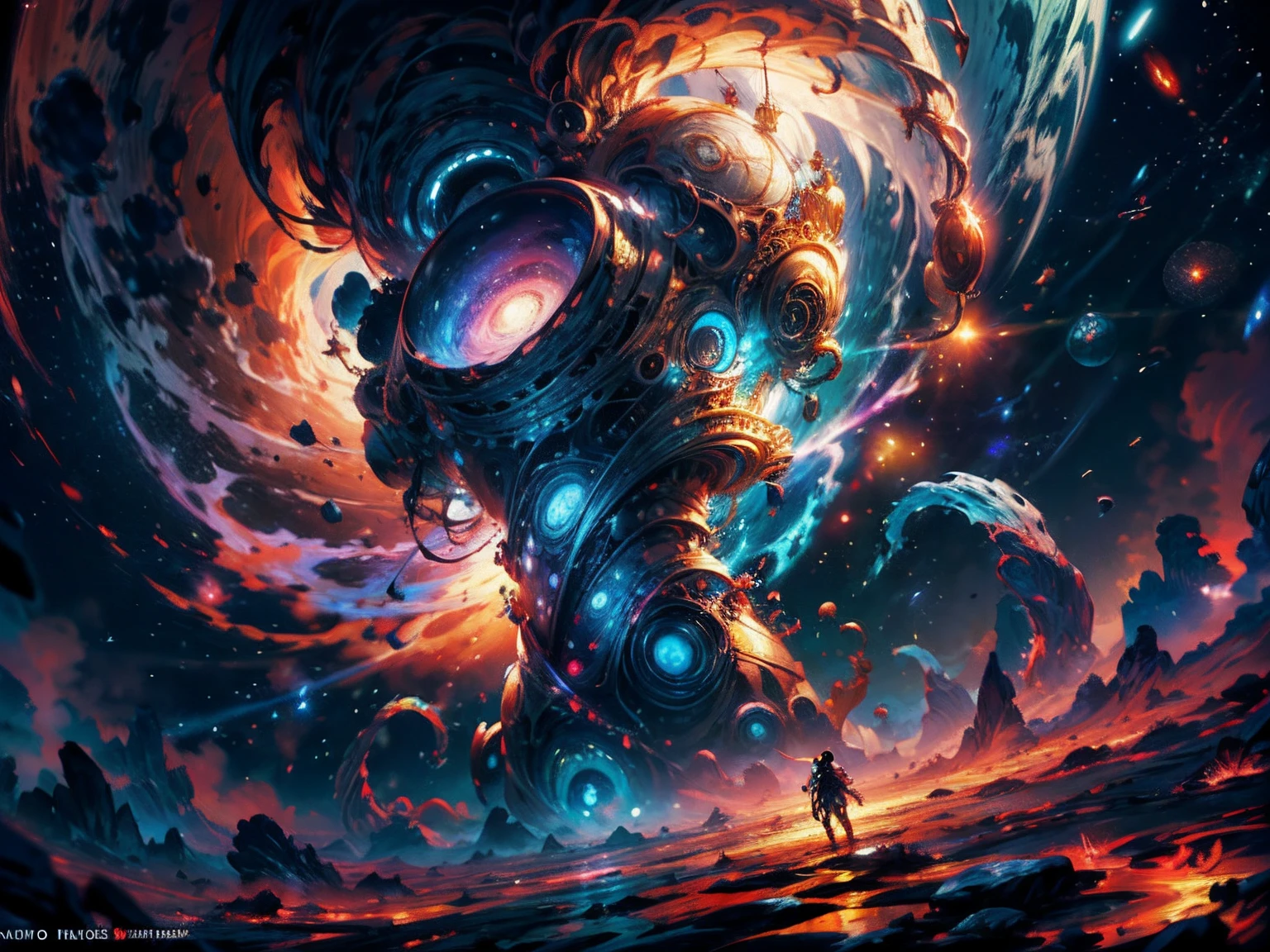 In the vast expanse of the cosmos, Una imagen impresionante se despliega ante tus ojos. In the heart of a starry galaxy, Las nebulosas vibrantes bailan y se arremolinan, its ethereal colors blend and intertwine. The scene is a symphony of cosmic beauty, with tendrils of dust and interstellar gas extending into the vacuum. Las estrellas brillan con un brillo de otro mundo, illuminating the cosmic tapestry that stretches across the vastness of space. Es una fiesta visual para los sentidos, A breathtaking insight into the wonders of the universe. QUEBRAR,Detallado,realista,Arte digital 4K altamente detallado,Renderizado de octanaje, bioluminiscente, BREAK 8K resolution concept art, realismo,por Mappa studios,Obra maestra,La mejor calidad,Arte Oficial,illustration,clear line,(fresco_Color),perfect composition,absurdos, fantasy,centrado,Regla de los tercios