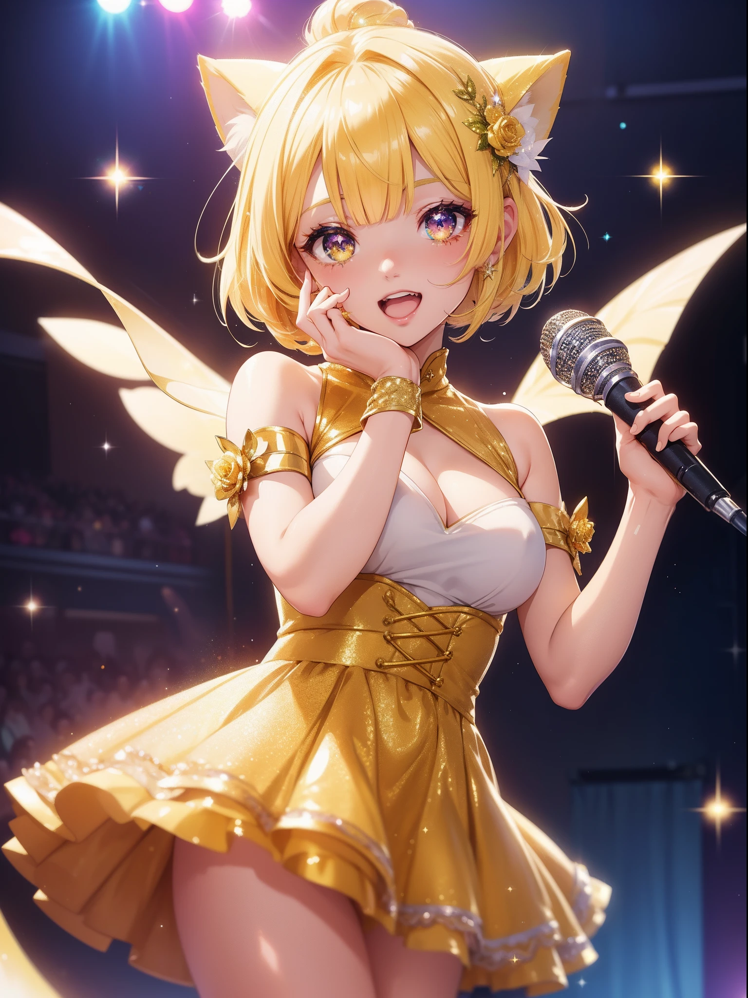 masutepiece, High resolution, 8K, anime woman, Delicate and detailed writing 、Detailed digital illustration、Short hair、perm、bob cuts、Shiny hair、Bangs、a very beautiful woman、Eyes are double, Large, Bust is D cup、High image quality, High quality、Detailed background、(((Wearing idol clothes)))、((Glittering live stage backdrop))、The inside of the eye shines like a diamond、Light yellow hair、Gradient pupil、(((2 arms、4 fingers, 1 thumb)))、Detailed female face、Very beautiful and cute woman、、细致背景、masterpiece、Soft Focus , Bright gradient watercolor , Lens Flare , (((Glitter))) , Glow , Dreamy , (((Holding a glitter microphone in your hand)))、a miniskirt、Idol、Yellow Ribbon、Very beautiful yellow rose hair accessories、Yellow and gold costume with white as the main color、((POV))、Glitter Cat Ear Headband、((PAW Pose)、Cheerful and pure girl、Laughing with open mouth