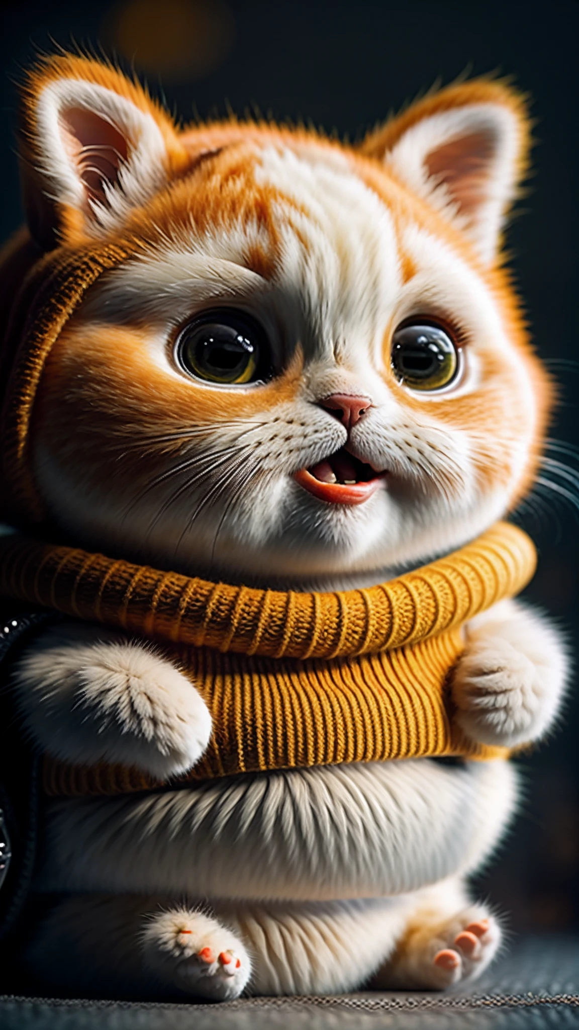 cat, orange, fat, garfield, no_humans, depth of field, disney style, DARK_Glam, wearing DRK_Glam, deep shadow, (dark: 1.4), (8k, RAW photo, best quality, masterpiece: 1.2), big expression happy with mouth