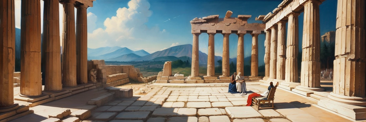 detailed paintings,​masterpiece,Ancient Greece,Parthenon,One statue of Socrates,Plato teaching philosophy lessons to Roman citizens at the Forum, Oil Painting