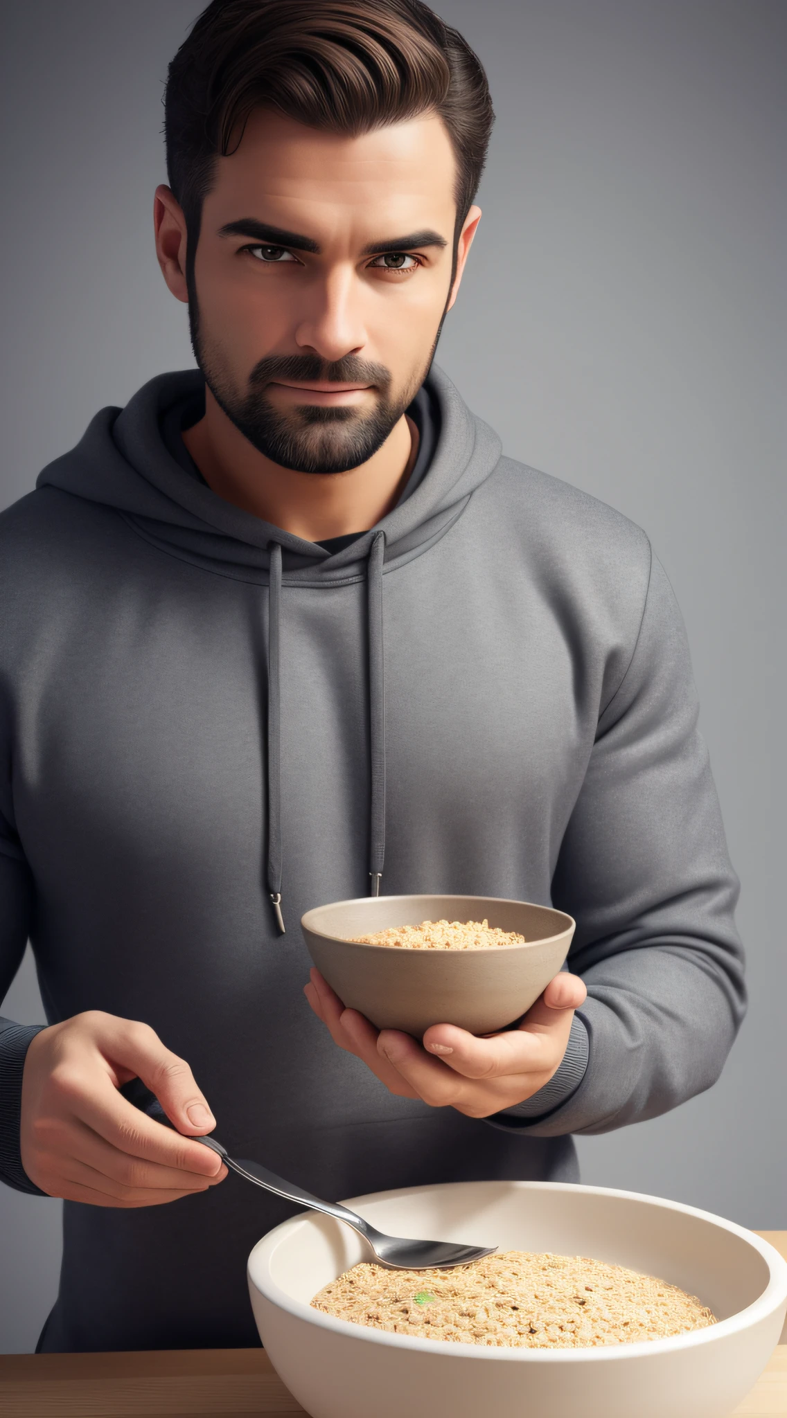 Man in sweatshirt, holding bowl of roasted francs, looking directly at camera, neutral gray background, front view, close-up, hd, 8k
