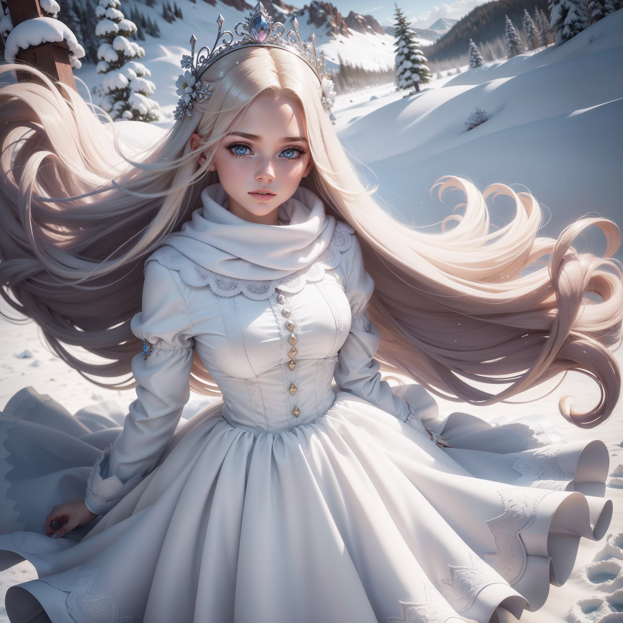 Linda princesa, loira, cabelos loiros longos, lindo rosto da mulher, young woman, vestido lindo de inverno para gelo, linda paisagem de neve, hiper realista, super realista, alta qualidade, loira com lindas botas de neve, Beautiful blonde with long hair.
