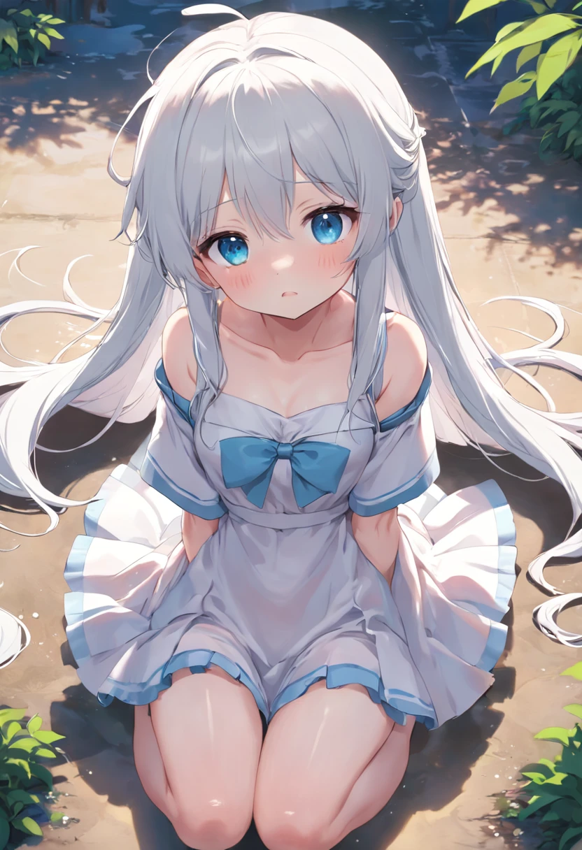 Cute loli，Barefoot，Tummy down，head looking up，Raise your feet，shift dresses，white  panties，largeeyes，Anime cute face，