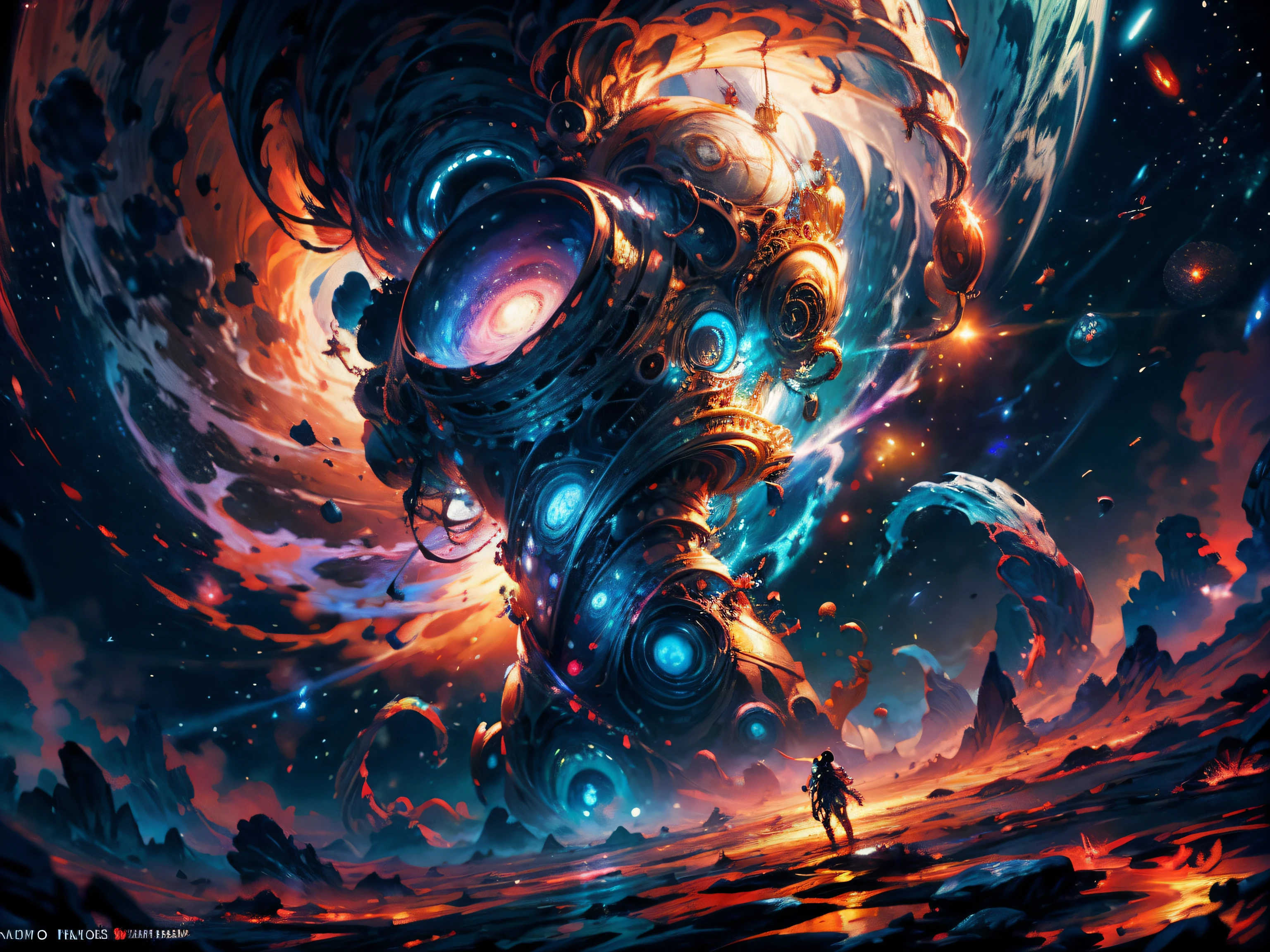 In the vast expanse of the cosmos, Una imagen impresionante se despliega ante tus ojos. In the heart of a starry galaxy, Las nebulosas vibrantes bailan y se arremolinan, its ethereal colors blend and intertwine. The scene is a symphony of cosmic beauty, with tendrils of dust and interstellar gas extending into the vacuum. Las estrellas brillan con un brillo de otro mundo, illuminating the cosmic tapestry that stretches across the vastness of space. Es una fiesta visual para los sentidos, A breathtaking insight into the wonders of the universe. QUEBRAR,Detallado,realista,Arte digital 4K altamente detallado,Renderizado de octanaje, bioluminiscente, BREAK 8K resolution concept art, realismo,por Mappa studios,Obra maestra,La mejor calidad,Arte Oficial,illustration,clear line,(fresco_Color),perfect composition,absurdos, fantasy,centrado,Regla de los tercios