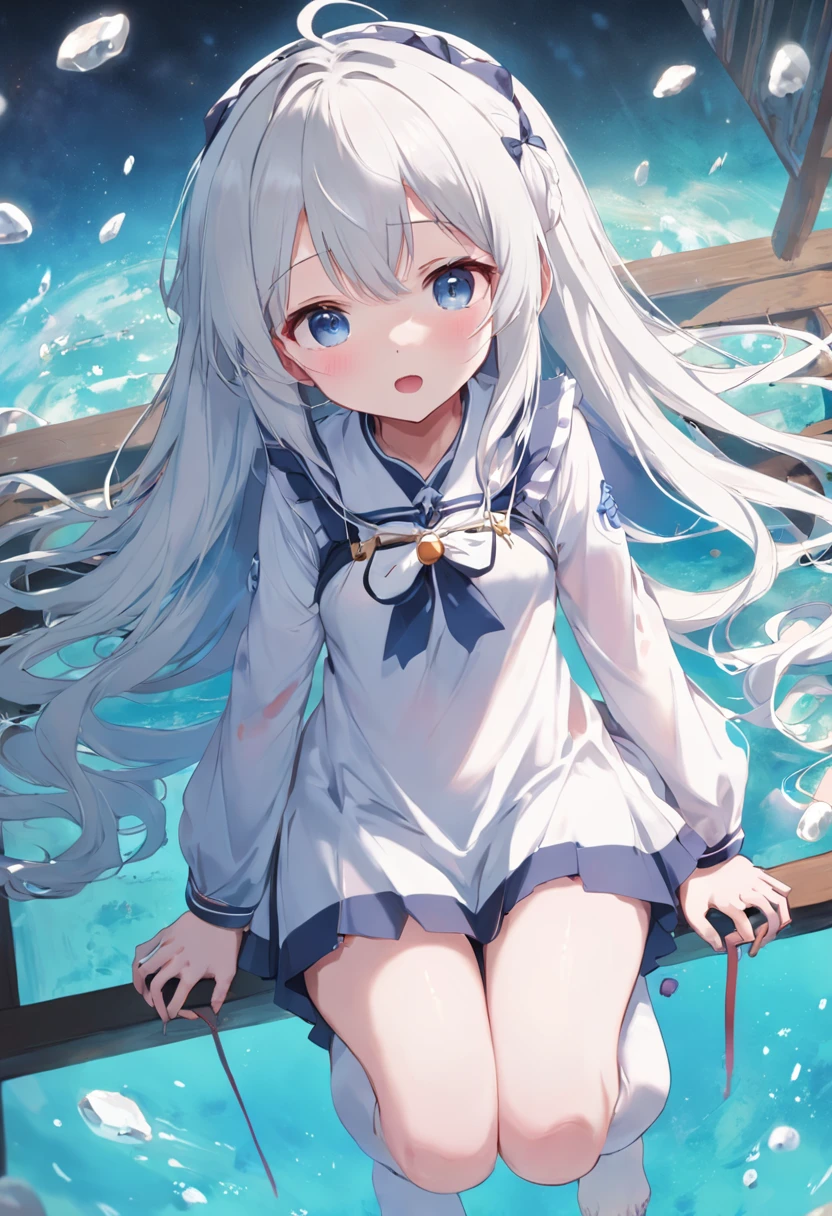 The best picture quality, The best lighting effects,With blue eyes,Stobasa(silber hair:1.3+whaite hair), In the bathroom, Petite slender legs,Short white skirt,Splash water,Fresh face,Pure and lovely,Cute loli,long whitr hair,Leaky shoulders,Barefoot,head looking up,Lie on the ground,Raise your feet,The transparent dress reveals the underwear panties,largeeyes,Anime cute face,Loli,Long white socks,Masturbation
