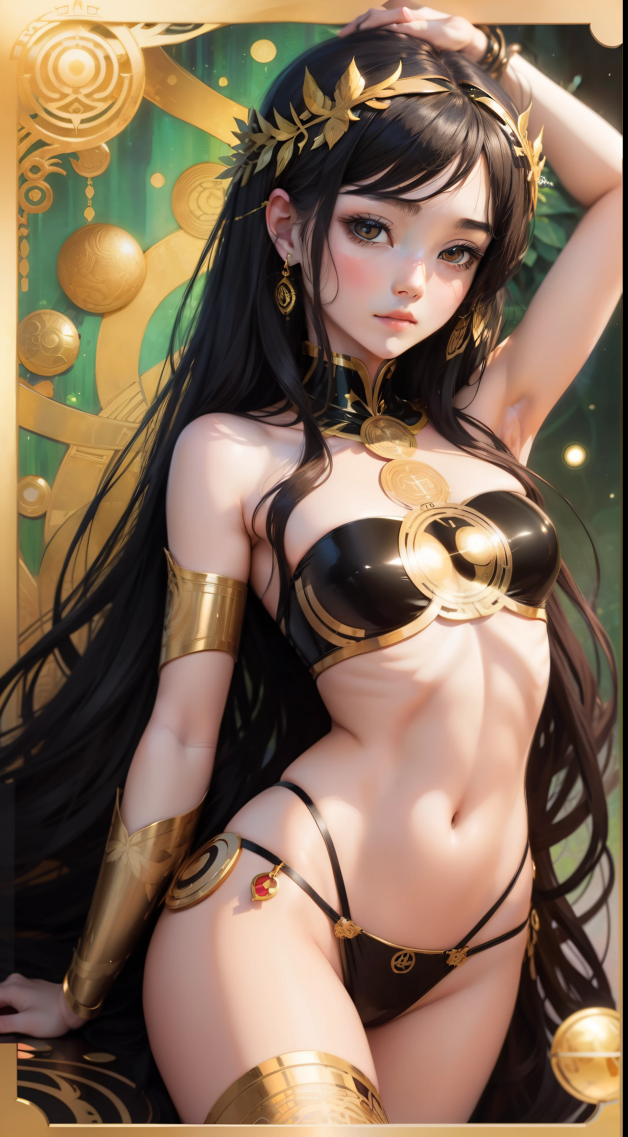 Portrait of anime goddess in underwear . Oracle card. Klimt style. Flat Manga. Upper body. Vines. Esoteric. Birds. Gold and black