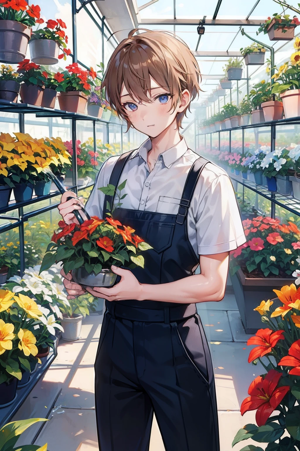 Watering flowers in the greenhouse　twinks　male people　{{ember}}