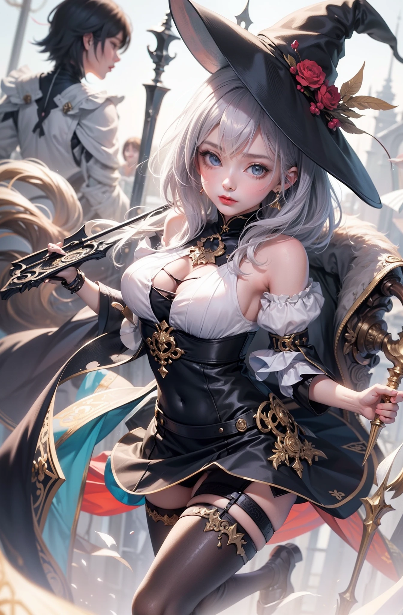 anime artsyle，best illustration，wallp，styled，Award-Awarded，(1girll:1.3)、独奏、__Body parts__、offcial art、统一 8k 壁纸、ultra - detailed、Beauty and aesthetics、big breasts beautiful、tmasterpiece、best qualtiy、Fantastical Atmosphere、calm color palette、Tranquil Mood、soft shade、Witch priestess、Charisma spells、vignettes、Witch duties、（black pantyhoses：1.3）beuaty girl，High-precision illustration，Monochrome tonal effect，Chic and refined impression，The focus blur wrapped softly around her，Top shot composition，Pixel-perfect drawing，edge detection，Clear expression of every detail，High-key contrast，Tonal effects，Monochrome world，Unique charm，Black and gold blended in the hair，Redlip， cropped shoulders，Wide open chest，little breast，Bust lens，The light from the back window is backlighted，电影灯光，Retro，white dresses， plain dress，nipple piercing，silver accessories，a short bob，long eyelasher