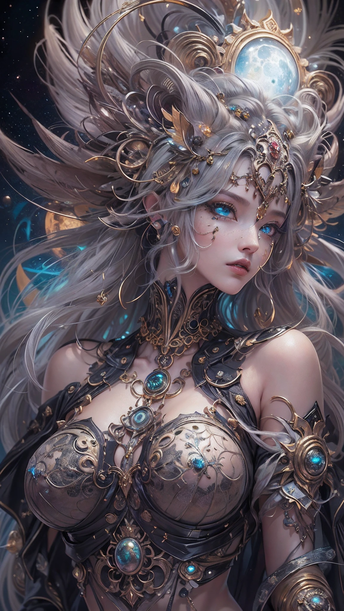 (((Body Portrait)))、（best qualtiy，ultra - detailed，Most Best Illustration，Best Shadow，tmasterpiece，hight resolution，professionalartwork，famousartwork），(Detailed eyes，beautidful eyes)，(Depiction of cleavage)，sci-fy，colored sclera，(((Black and beautiful eyes，Black eyes)))、face markings，tattooed，（fractalized，Fractal Eye），largeeyes，wide eyes，Eye focus，((Details of face))，the eye of the universe，Metal sculpture depiction of woman with moon in hair，goddes。extremely high detail，goddess portrait，Highly detailed footage of the goddess，a stunning portrait of a goddess，Side image of the goddess，portrait of a beautiful goddess，(Full body close-up of goddess)，Goddess of Hecate，portrait of a norse moon goddess，goddess of space and time、((​masterpiece、top-quality、ultra-definition、hight resolution))、4K picture quality、(Extraordinary Beauty)、