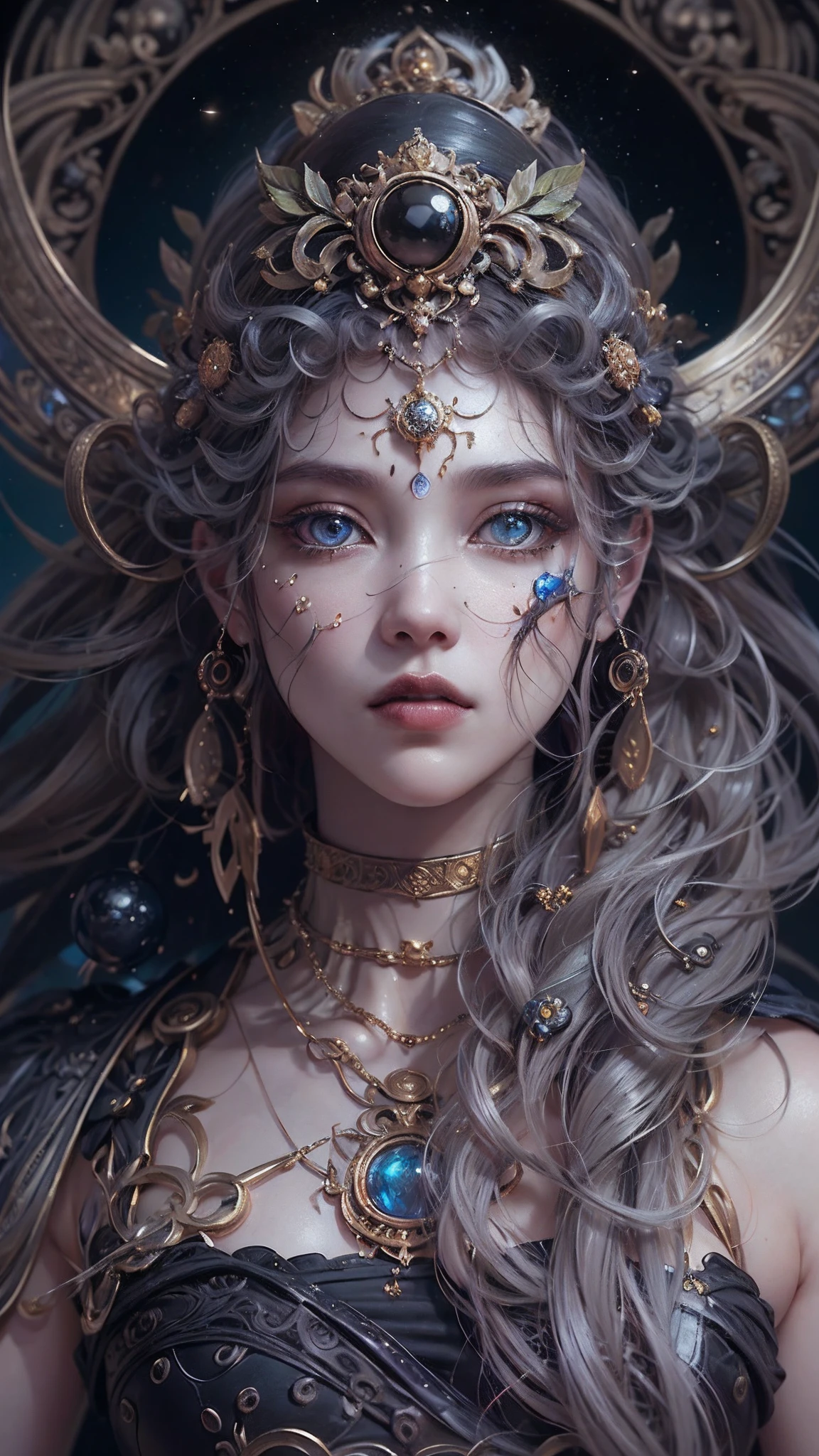 (((Body Portrait)))、(best qualtiy,ultra - detailed,Most Best Illustration,Best Shadow,tmasterpiece,hight resolution,professionalartwork,famousartwork),(Detailed eyes,beautidful eyes),(Depiction of cleavage),sci-fy,colored sclera,(((Black and beautiful eyes,Black eyes)))、face markings,tattooed,(fractalized,Fractal Eye),largeeyes,wide eyes,Eye focus,((Details of face)),the eye of the universe,Metal sculpture depiction of woman with moon in hair,goddes。extremely high detail,goddess portrait,Highly detailed footage of the goddess,a stunning portrait of a goddess,Side image of the goddess,portrait of a beautiful goddess,(Full body close-up of goddess),Goddess of Hecate,portrait of a norse moon goddess,goddess of space and time、((masterpiece、top-quality、ultra-definition、hight resolution))、4K picture quality、(Extraordinary Beauty)、