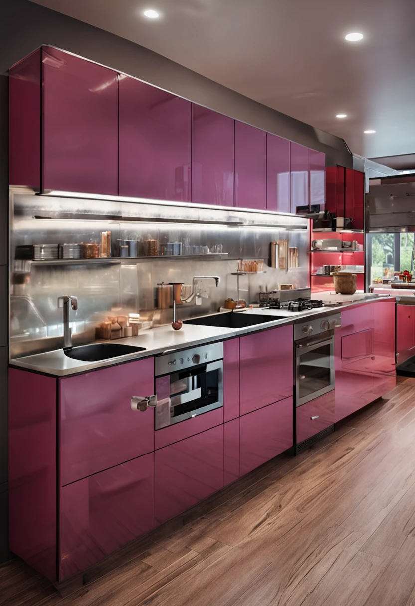 Zaha,modern kitchen,Gorgeous renovation,refrigerator,cupboard,Wide scene,in a panoramic view,From the outside, hyper HD, High details