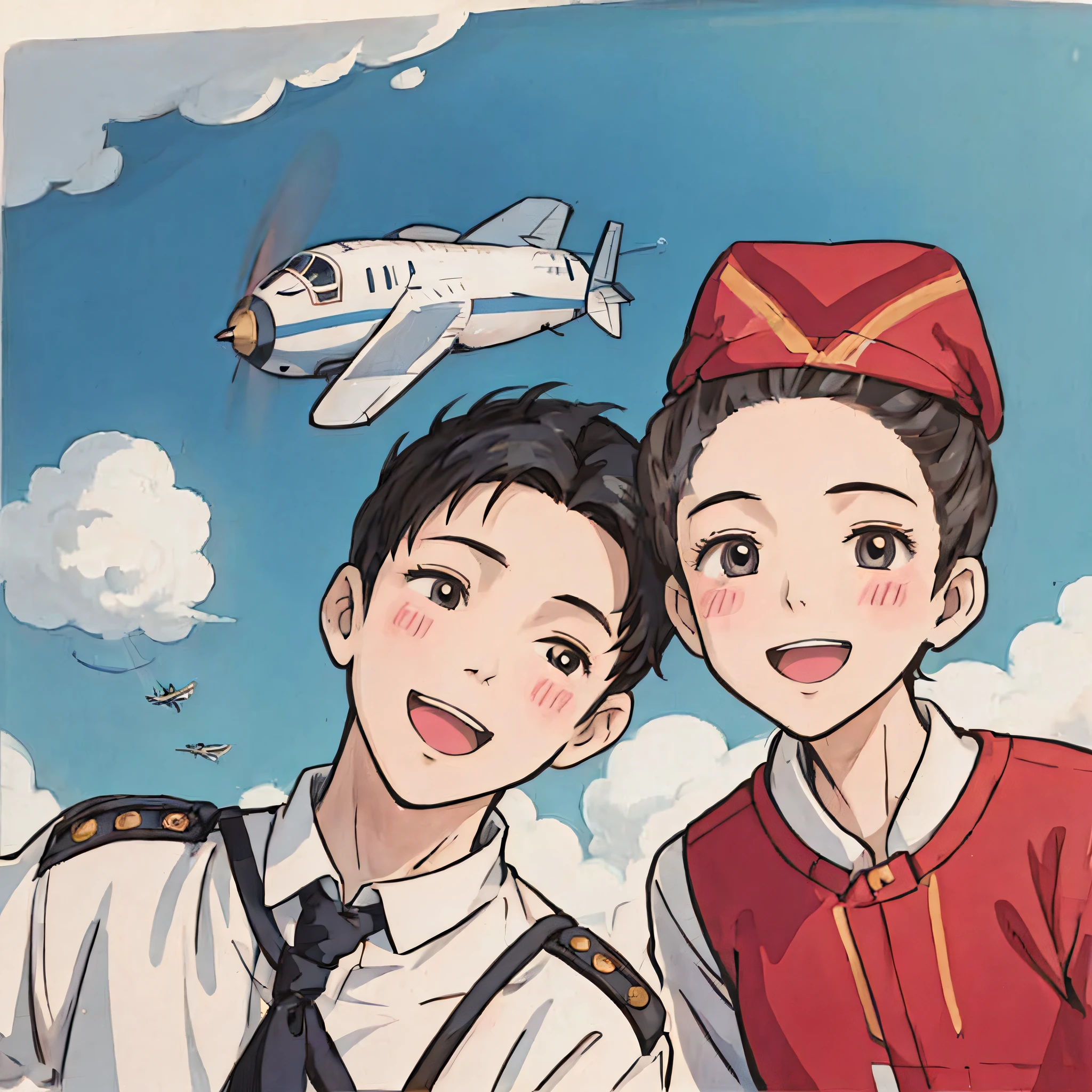 Two people stood in front of the plane, High-quality fanart, official fanart, offcial art, An anime cover, 🚿🗝📝, Cai Xukun, official fan art, cute artwork, sakimichan, 2 0 2 0 s promotional art, High Quality Anime Art Style, telegraph stickers, author：Qu Leilei, by Shinoda Toko