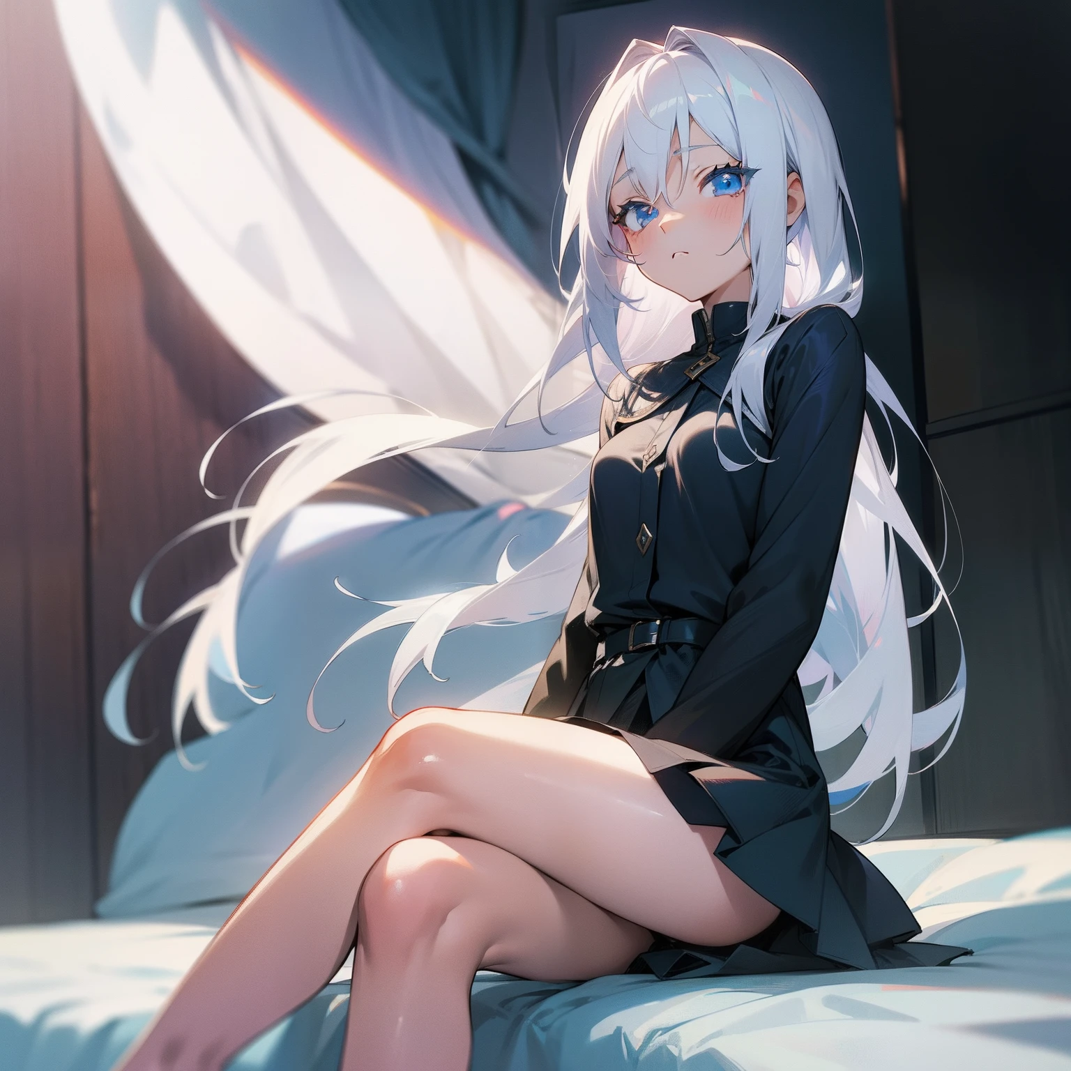 Anime girl white hair blue eyes crossing her legs on the bed looking at the boy who is seated next to her in a pervert look while the boy is looking at her in a shy look while his hands are resting on her thighs