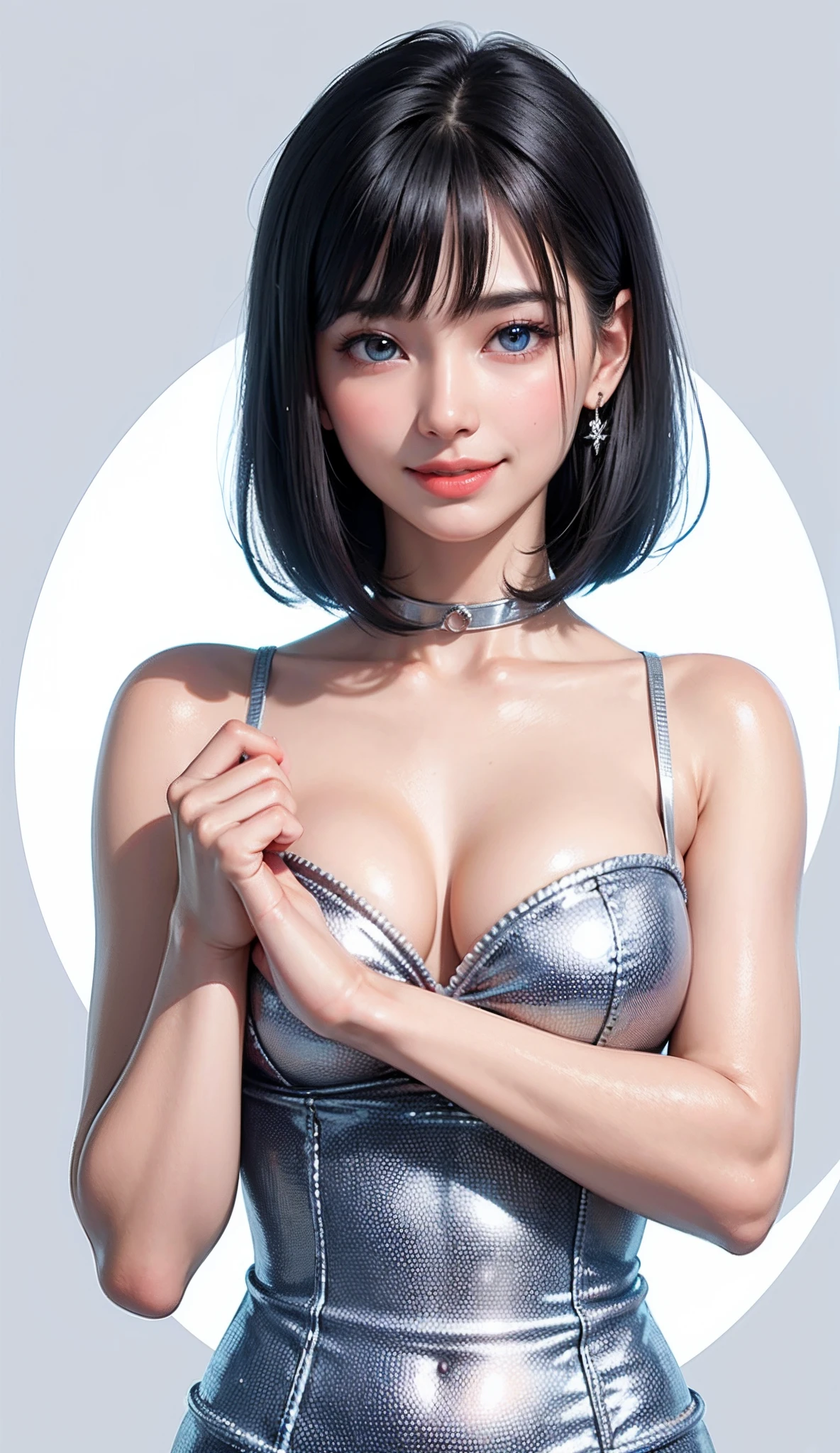 (high-level image quality、high-detail、hightquality、hight resolution、Draw everything in high resolution)、Intense crystal light blue eyes、耳Nipple Ring、Look firmly at the camera、Put your ears out、Beautiful short black hair、Beautiful very short beautiful hair with bangs、beautiful decollete、Beautiful 28 years old、lipgloss、long neck、Happy smile、Beautiful teeth alignment、Beautiful teeth、Beautie、Pretty Woman、touch the lower lip with the index finger of the right hand,、