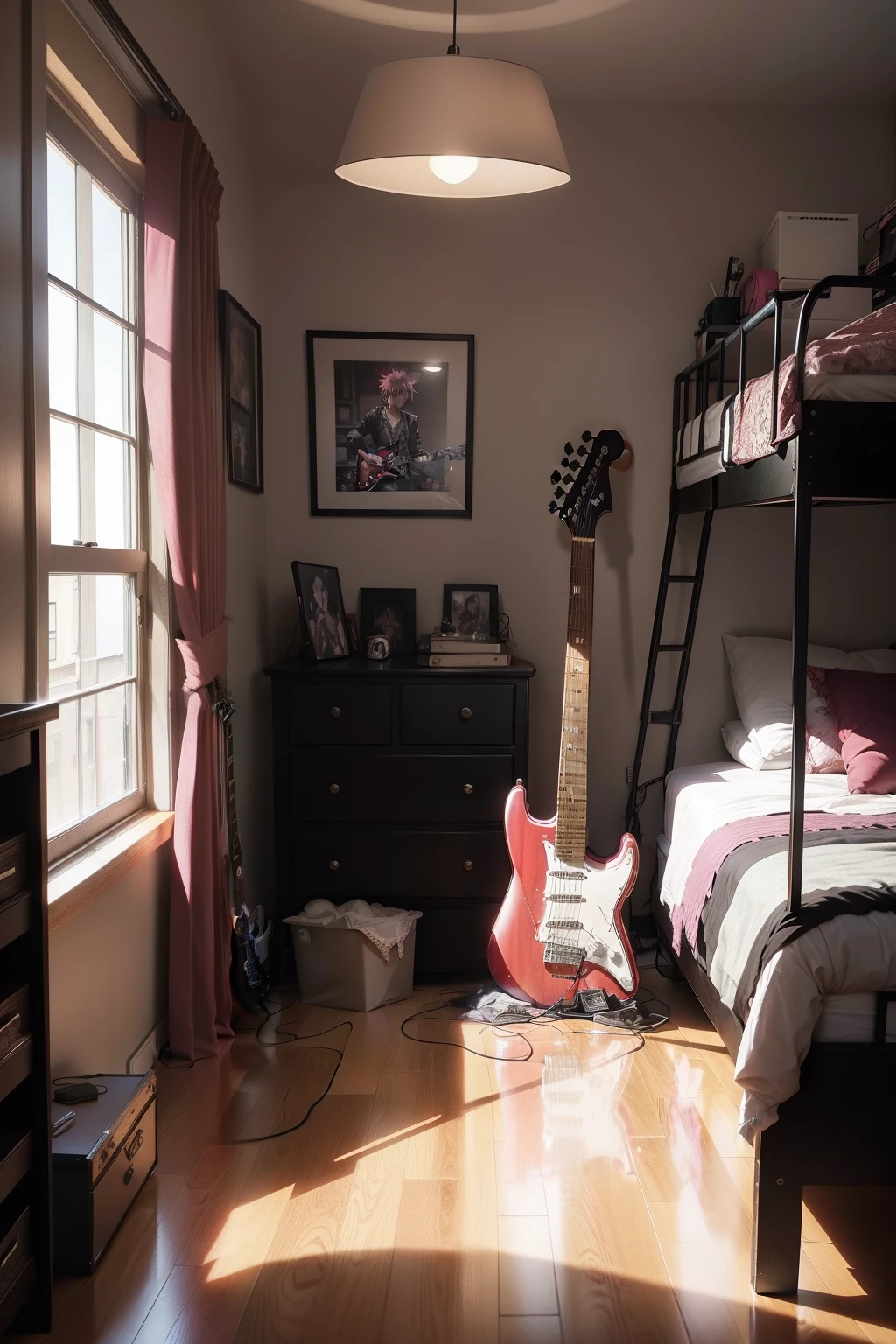 Bedroom, anime, 4k, HD, High Detail, Punk, Punk-Core, Male Dorm, Black, Brown, Maroon, white, Lamp, Celebrity, Guitar, Rock and Roll, Scenery, no person, NO PINK