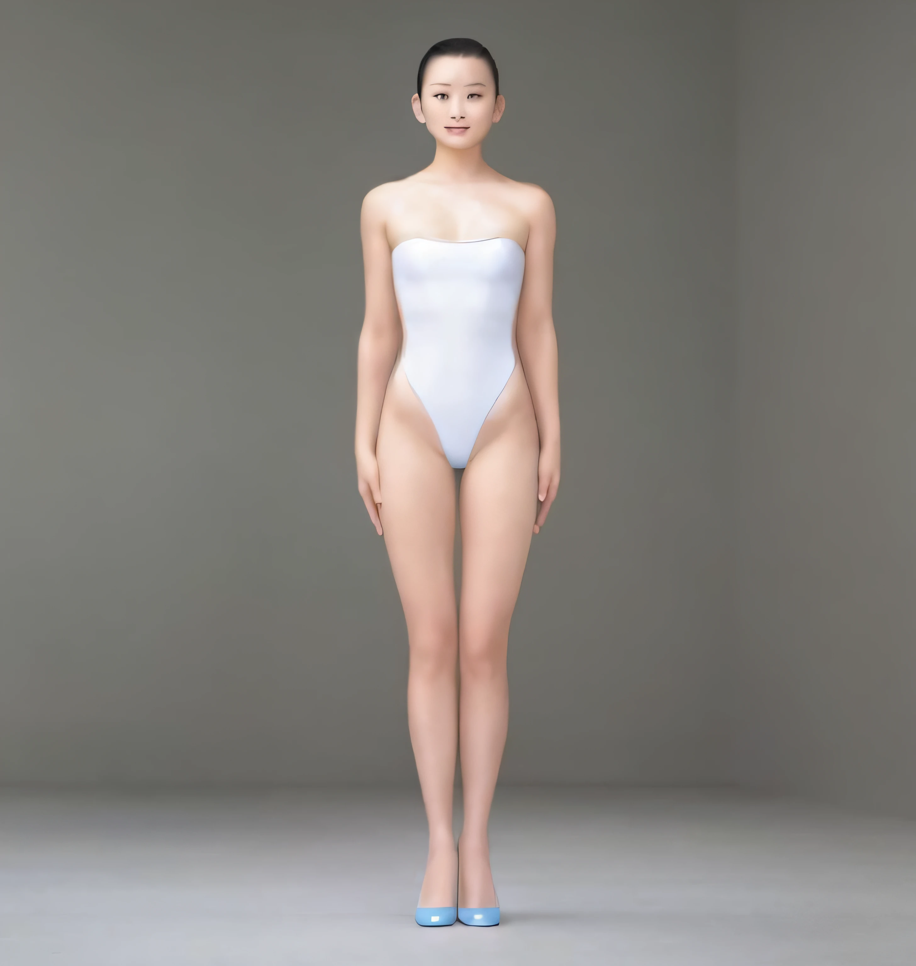 An upright Chinese girl，with fair skin，Wear a one-piece swimsuit，Wear high heels，Arms drooping，Bring your hands close to your sides，Bring your feet together，Front light