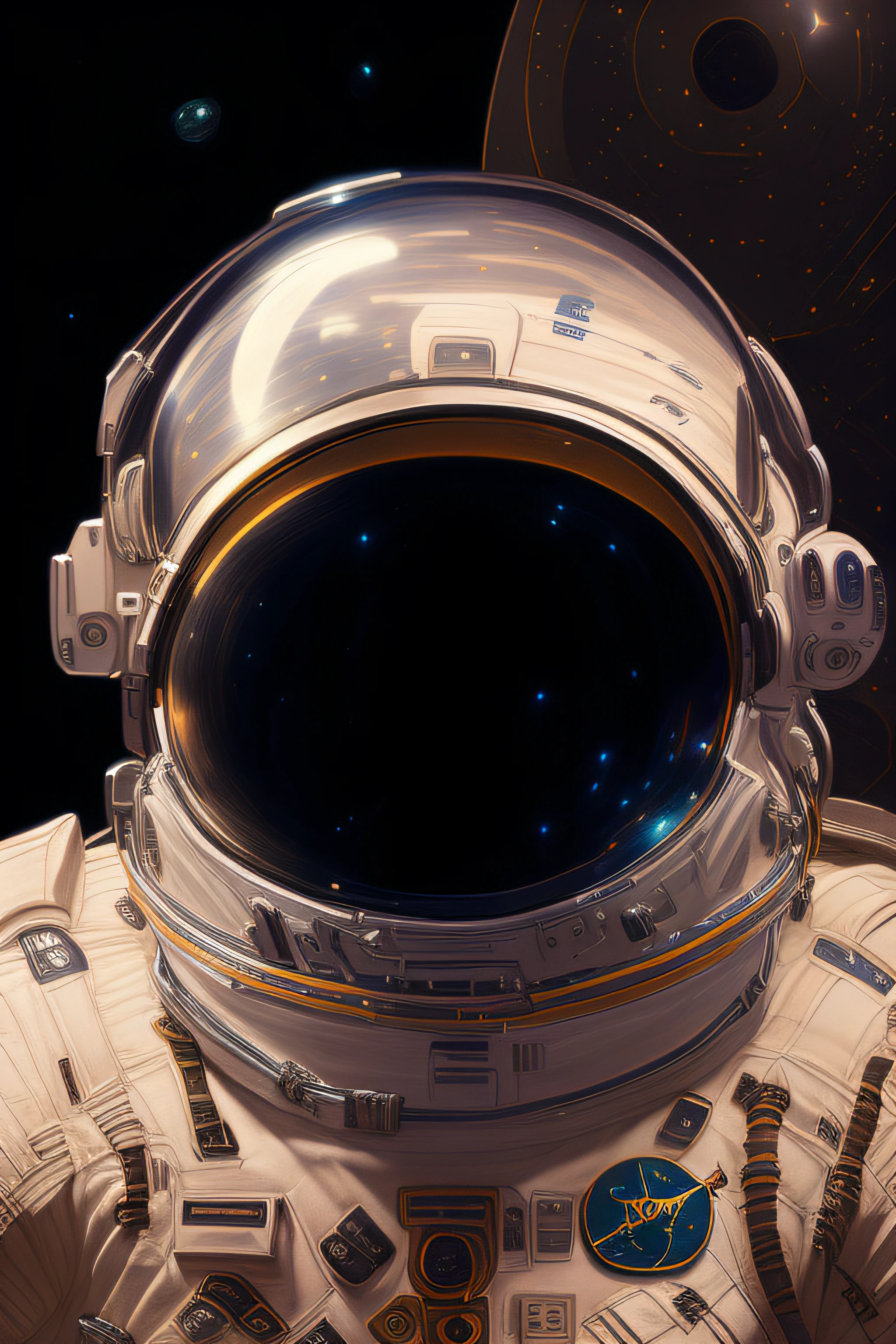 astronaut in space suit with helmet and space shuttle in background, portrait of an astronaut, portrait of an ai astronaut, portrait of astronaut, detailed astronaut, astronaut, futuristic astronaut, astronaut lost in liminal space, astronaut below, cosmonaut, galaxy reflected helmet, galaxy reflected in helmet, creepy astronaut, in spacesuit, glass space helmet, dusty space suit, lonely astronaut