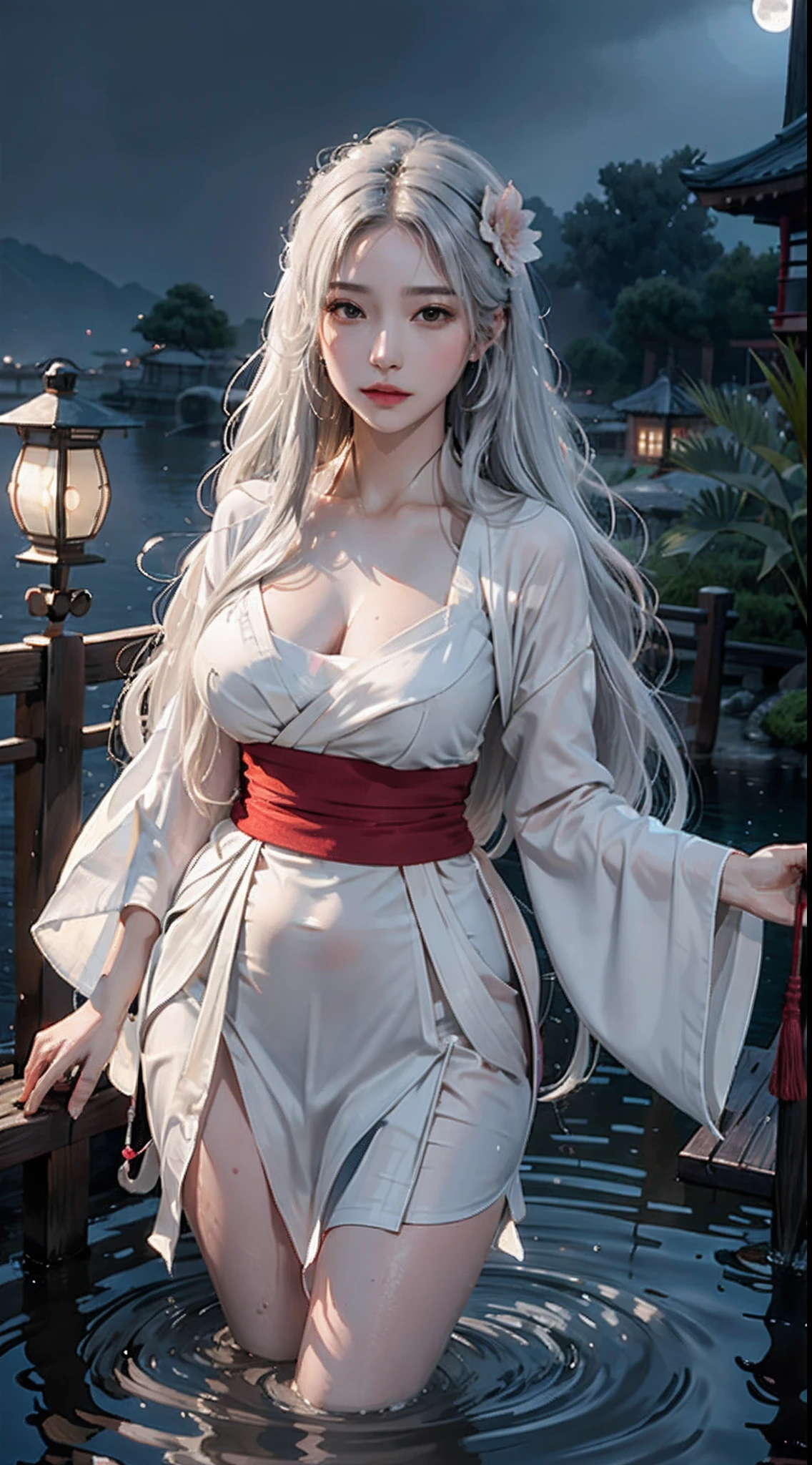 photorealistic, high resolution, soft lights, 1women, solo, hips up, shining skin, (detailed face), long hair, moon, lantern, night, solo, large breasts, hair ornament, wet, kimono, japanese clothes, wading, water, hair flower, flower, outdoors, sky, full moon, rain