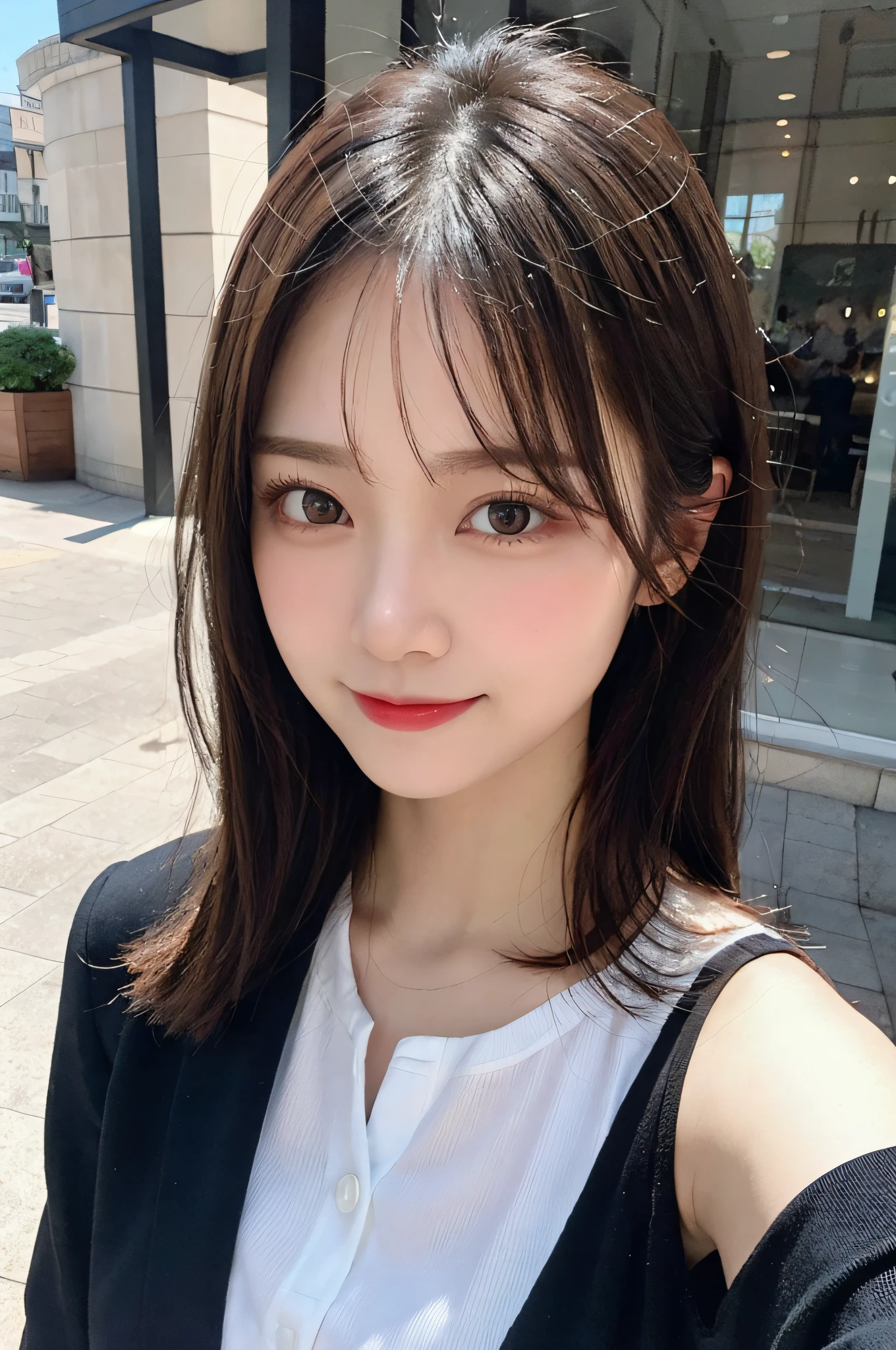 randome pose, mix4, (8K, Raw photography, top-quality, ​masterpiece: 1.45), (realisitic, Photorealsitic: 1.37), one girls, cute little, A smile、Cityscape, natta, profetional lighting, photon maping, Radio City, physically-based renderingt, Gradient black hair, white  hair, short  curly hair, a handsome, girl with, tiny chest、(Raw photography、top-quality)、(realisitic、Photorealsitic:1.3)、top-quality、​masterpiece、extremely delicate and beautiful、A highly detailed、nffsw、A sense of unity、2k wallpaper、magnifica、Beautiful in every detail、​masterpiece、浅笑、top-quality、Highly detailed ticker Unity 8K wallpapers、huge filesize、ultra-detailliert、hight resolution、ighly detailed、Female 1 Person、Slim body、D-cups、suits、business suit、White Y-shirt、(brown haired)、looking at viewert、pureerosface_v1:0.8 Short Hair。Wearing a women's suit。White Y-shirt。Wearing a suit。Hair is black。cheeks are slightly pink。Transparent skin。A smile that makes you feel innocent。 Her eyes with、Illuminated by soft light。Her skin is shiny and shiny、Glossy。Blonde loose fluffy bob,Hair swaying in the wind makes her charm even more pronounced.。(makeups:0.4)、(fluffy black eyes:1.21)、Black eyes。Social media and profile pages、Park Gyu-young, female actress from korea, Cute Korean Actress。top-quality、​masterpiece、extremely delicate and beautiful、ighly detailed、8K wallpapers、astonishing、finely detail、huge filesize、ighly detailed、hight resolution、extremely detailed eye and face、 Stunning detailed eyes、Facial light、(The best illustrations:1.1)、超A high resolution、(Photorealsitic:1.1)、(Photorealistic 1.2:1.1)、Realistic facial proportions、Slimed、A smile、(Irregular irregular skin defects、vein、Wrinkled pores on the skin:1.2)、top quality photo, hight resolution, 1080p, (clearface), (Detailed face description), (Detailed hand description), (​masterpiece), 逼真, extreme light and shadows, dishevled hair, ​masterpiece, lush detail, (Fine facial features), (Highest Quality Photos), (​masterpiece), (finely eye), Look in front of you, Fine clavicle,Emphasis on the armpits