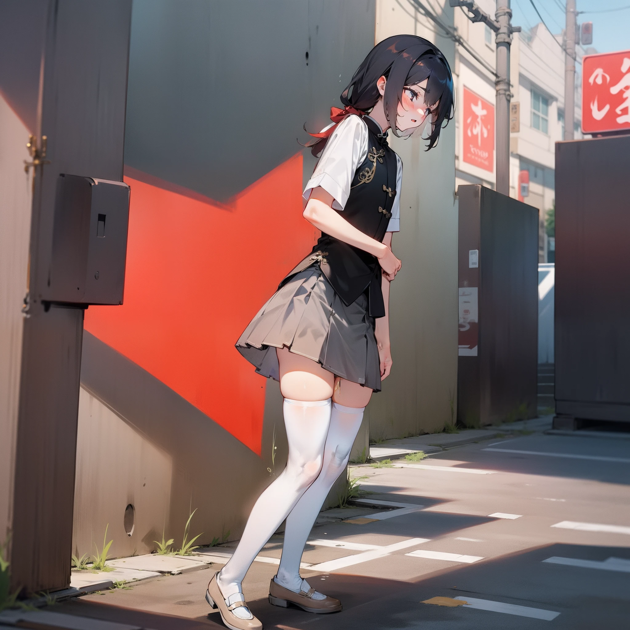 China-style,s girl,white stockings,short skirt,Had to pee on the street,Someone rubbed his chest and took pictures