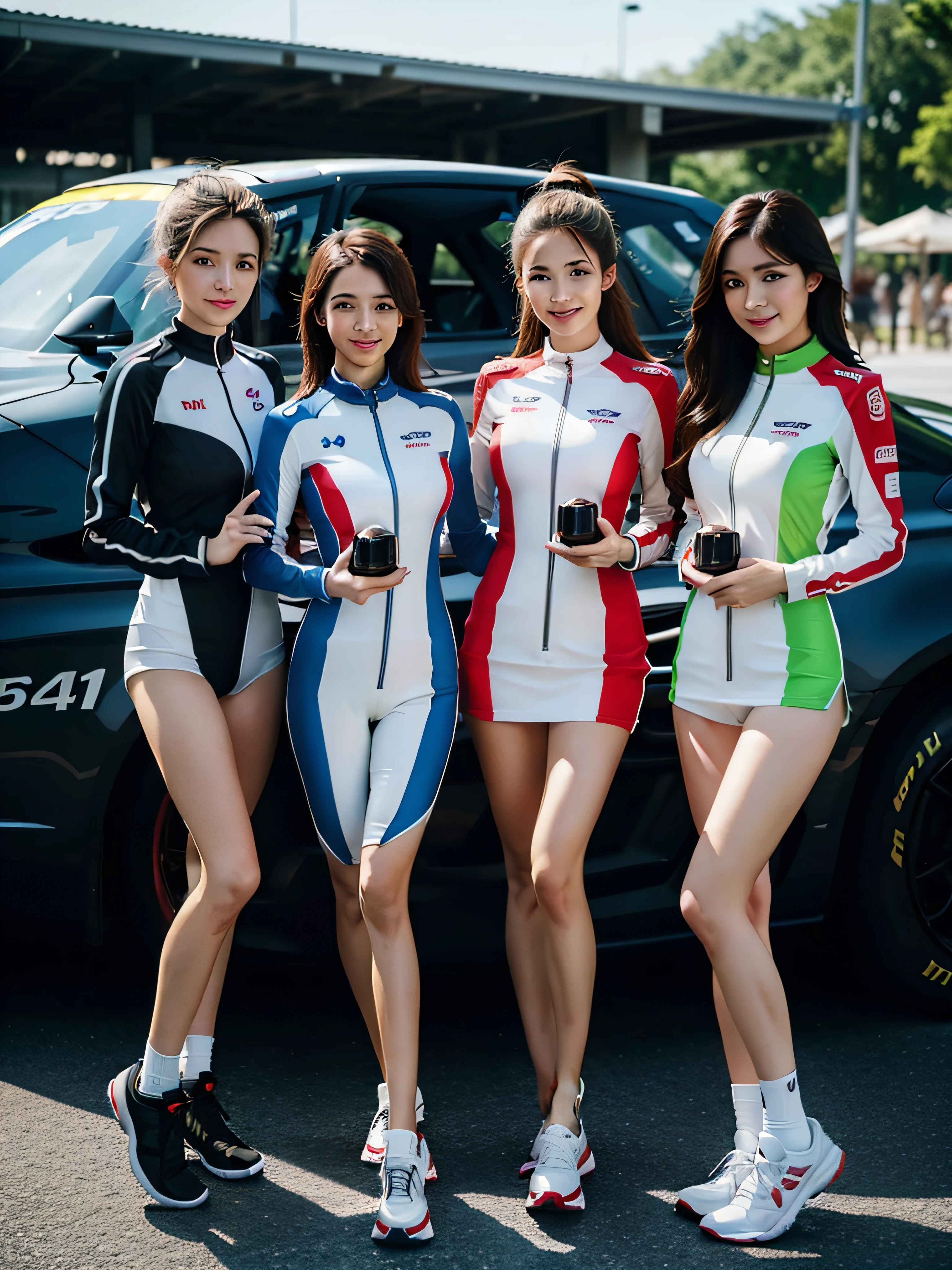 Four beautiful women in racing suits hold trophies in front of a race car，Very clear racing，on a racetrack，blur backgroun，Car model drawing，Slim，Racing Wear，athletic sneakers，Stand up，Light smile, surrealism, High detail, Cinematic lighting, Ray tracing, god light, Close-up, hyper HD, retinas, Masterpiece, ccurate, Anatomically correct, Textured skin, Super detail, High details, High quality, Award-Awarded, Best quality, A high resolution, 16k