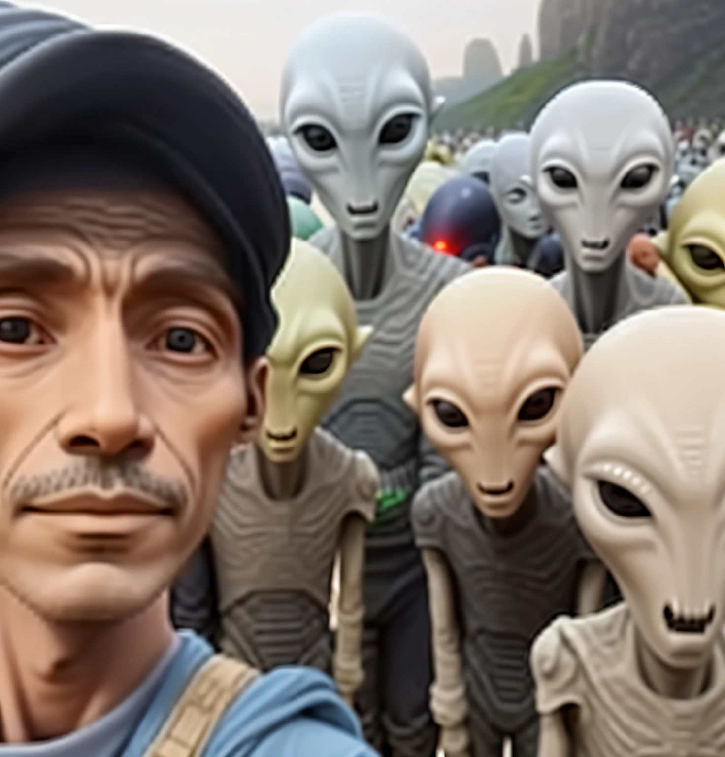 Arafard man standing in front of a group of aliens, populated with aliens and people, aliens in the background, Extraterrestrial life, gray alien, ufo aliens, Extraterrestrials, ( ( ( Alien ) ) ), Aliens invade Earth, extraterrestial, Alien creatures scattered everywhere, Alien species, Aliens love, Alien hybrids, Alien army, Alien invasion