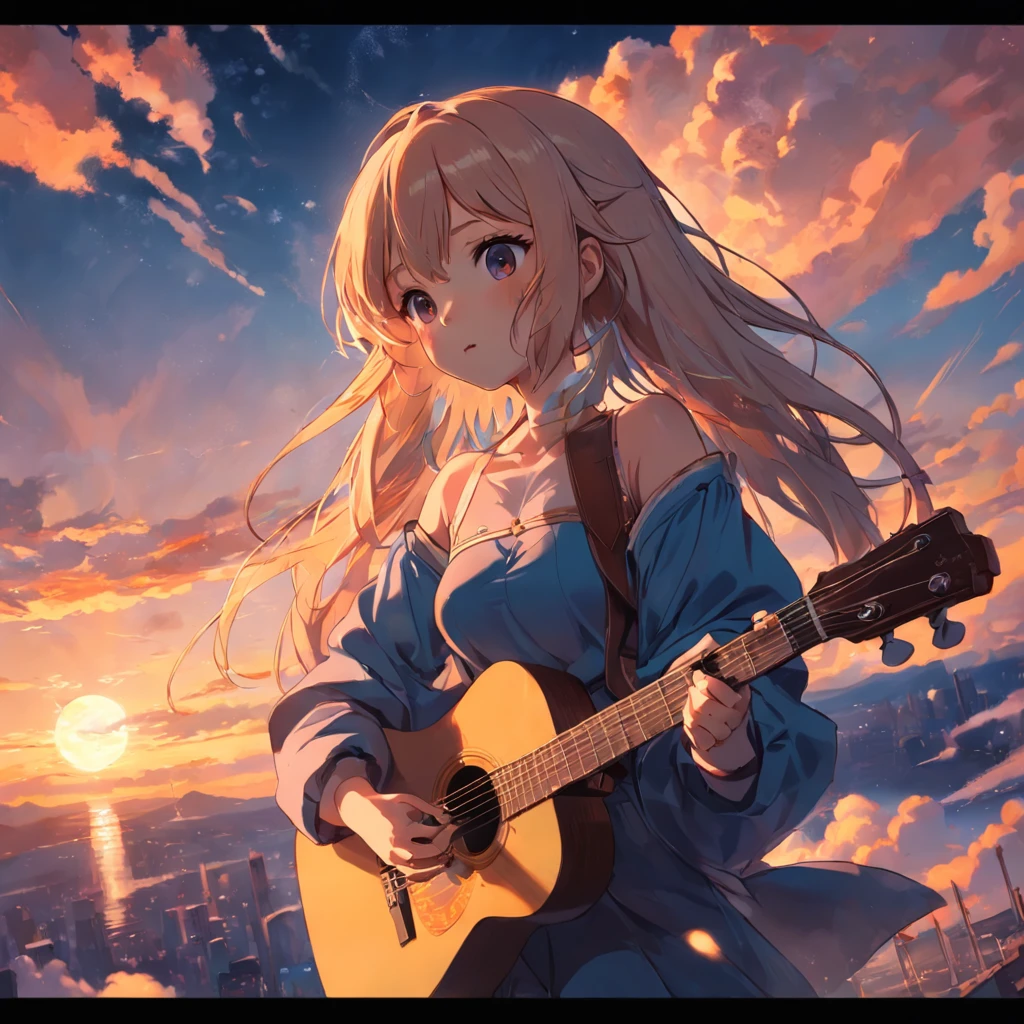 a sketch,best qualtiy,cinematic Film still from,1girl,Cloud Girl,Floating in the sky,closeup cleavage,brightly,cheerfulness,Warm and soft lighting,the sunset,Carrying a guitar on his back