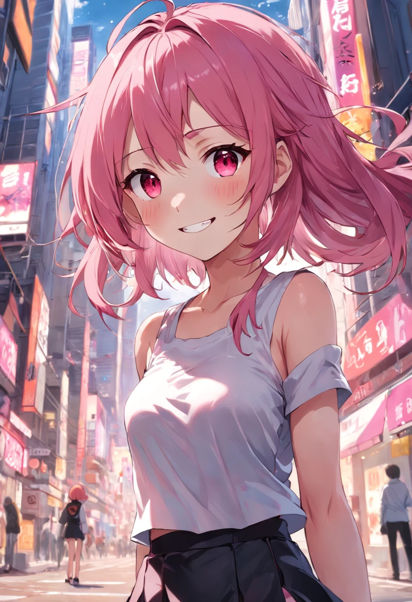 Anime girl smiles, Pink hair, Messy hair, Red eyes, Cute face, Girlfriend looks, White top, black short skirt, Around 20 years old, Human