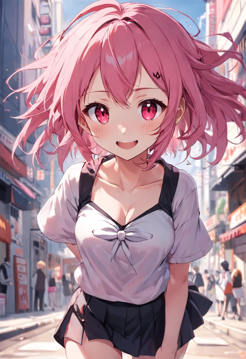 Anime girl smiles, Pink hair, Messy hair, Red eyes, Cute face, Girlfriend looks, White top, black short skirt, Around 20 years old, Human