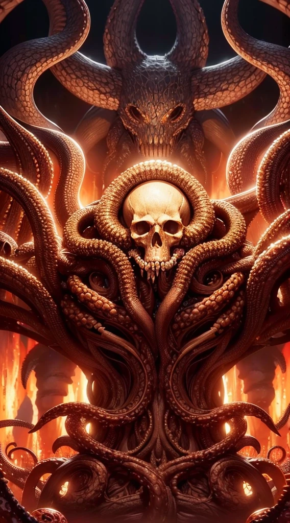 (extremely detailed CG unity 16k wallpaper:1.1), (Denoising strength: 1.45), (tmasterpiece:1.37), skull, Tentacles, Bone crown, Octopus, Lovecraft, Aesthetics, Hermeus Mora, Cinematic, Realism, High quality, High quality