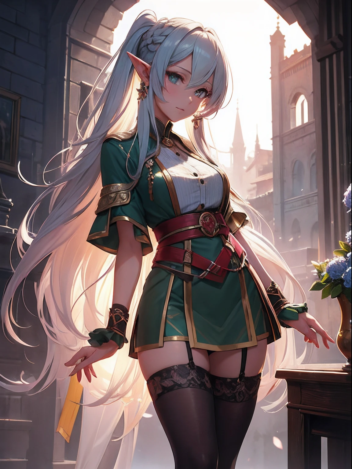 Cute elf girl,SideBraid,Exquisite Hair,Colored inner hair,Pick and dye your hair,Colorful hair,With Ultra HD details,Professional lighting and lighting。Tall and tall,Delicate,Sexy clothes,Stockings,Delicate earrings,Delicate necklace,light breeze,Brighter scenes,More refined facial features,eyes with brightness,Light smile,anaglyph,tachi-e,Atmospheric perspective,High detail backlight,Chiaroscuro,full bloom,Ray trajectories,Perspective top-down,super detailing、acurate、best qualityer、Textured epidermis、Anatomically correct