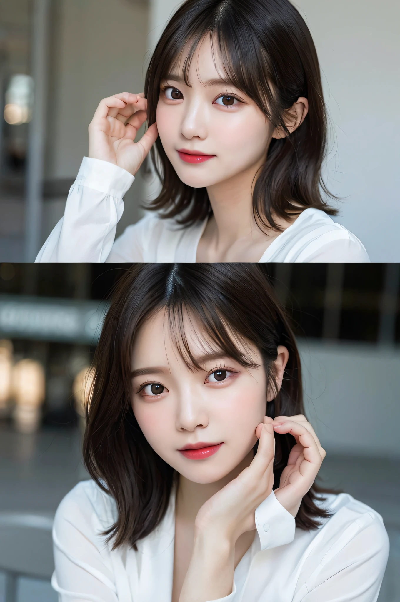randome pose, mix4, (8K, Raw photography, top-quality, masterpiece: 1.45), (realisitic, Photorealsitic: 1.37), one girls, cute little, A smile、Cityscape, natta, profetional lighting, photon maping, Radio City, physically-based renderingt, Gradient black hair, white hair, short curly hair, a handsome, girl with, tiny chest、(Raw photography、top-quality)、(realisitic、Photorealsitic:1.3)、top-quality、masterpiece、extremely delicate and beautiful、A highly detailed、nffsw、A sense of unity、2k wallpaper、magnifica、Beautiful in every detail、masterpiece、浅笑、top-quality、Highly detailed ticker Unity 8K wallpapers、huge filesize、ultra-detailliert、hight resolution、ighly detailed、Female 1 Person、Slim body、D-cups、suits、business suit、White Y-shirt、(brown haired)、looking at viewert、pureerosface_v1:0.8 Short Hair。Wearing a women's suit。White Y-shirt。Wearing a suit。Hair is black。cheeks are slightly pink。Transparent skin。A smile that makes you feel innocent。 Her eyes with、Illuminated by soft light。Her skin is shiny and shiny、Glossy。Blonde loose fluffy bob,Hair swaying in the wind makes her charm even more pronounced.。(makeups:0.4)、(fluffy black eyes:1.21)、Black eyes。Social media and profile pages、Park Gyu-young, female actress from korea, Cute Korean Actress。top-quality、masterpiece、extremely delicate and beautiful、ighly detailed、8K wallpapers、astonishing、finely detail、huge filesize、ighly detailed、hight resolution、extremely detailed eye and face、 Stunning detailed eyes、Facial light、(The best illustrations:1.1)、超A high resolution、(Photorealsitic:1.1)、(Photorealistic 1.2:1.1)、Realistic facial proportions、Slimed、A smile、(Irregular irregular skin defects、vein、Wrinkled pores on the skin:1.2)、top quality photo, hight resolution, 1080p, (clearface), (Detailed face description), (Detailed hand description), (masterpiece), 逼真, extreme light and shadows, dishevled hair, masterpiece, lush detail, (Fine facial features), (Highest Quality Photos), (masterpiece), (finely eye), Look in front of you, Fine clavicle,Emphasis on the armpits