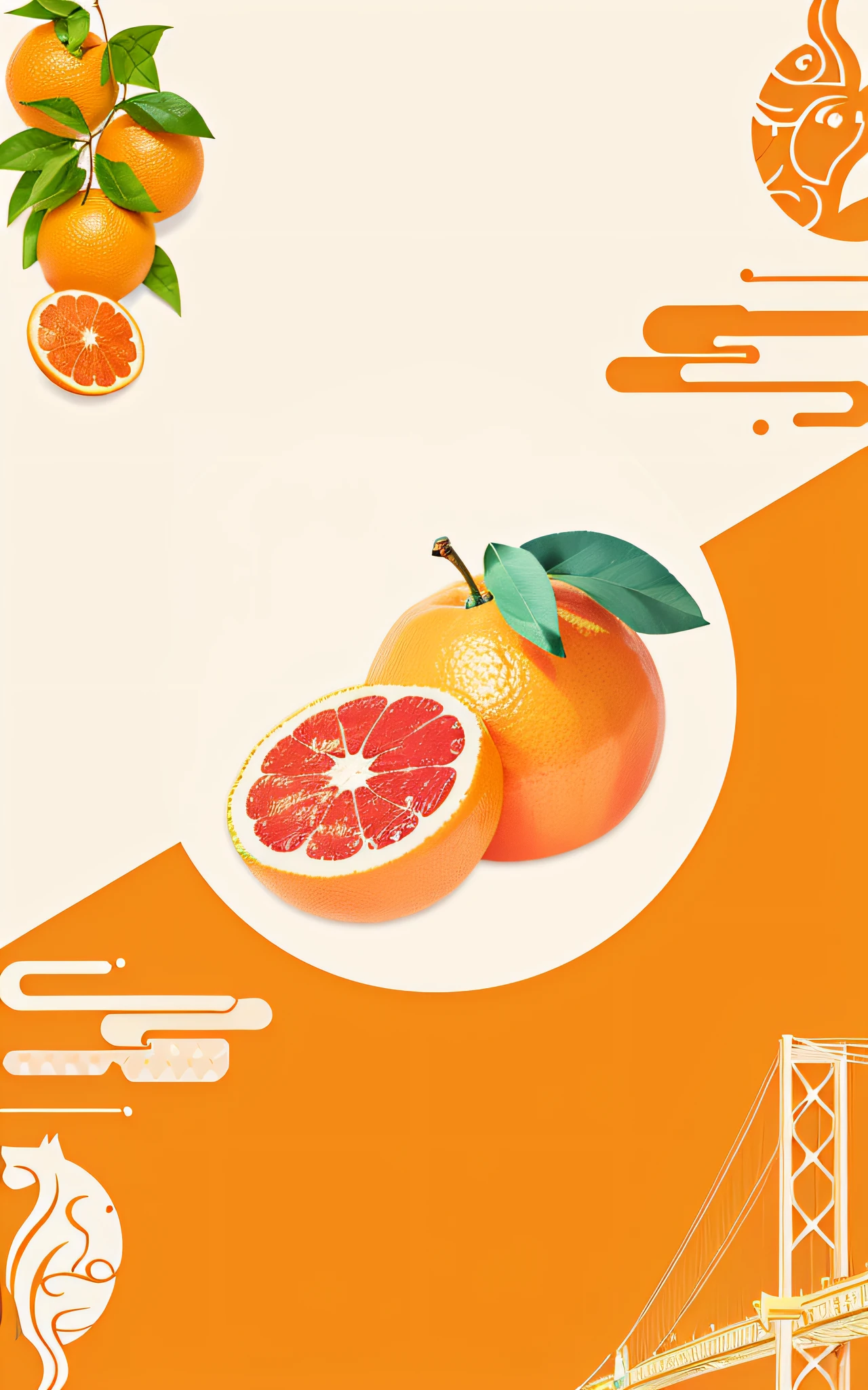 There is a plate,It has a grapefruit and a grapefruit on top, made with illustrator, orange backgorund, Orange background, orange color theme, sliced grapefruit, orange color theme, Flat illustration, Poster illustration, oranges, Orange color, A beautiful artwork illustration, Oranges and orange slices, apple orange, Commercial illustration, highlydetailedillustrations, made in adobe illustrator