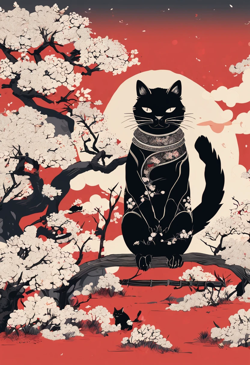 "(Black Samurai Cat+rot+blanche), incredibily detailed, Intense posture, Traditional Japanese background, Epic illustrations, Flawless image quality"