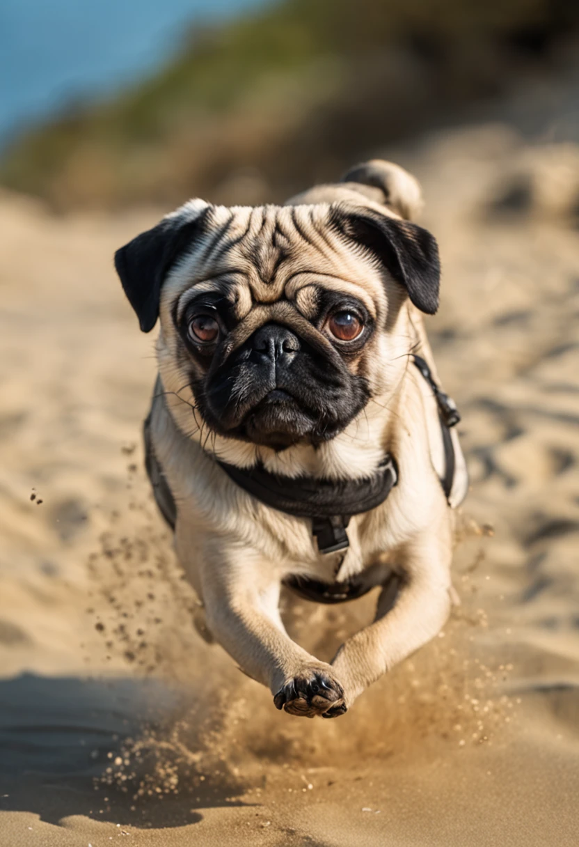 cachorro pug correndo pela praia