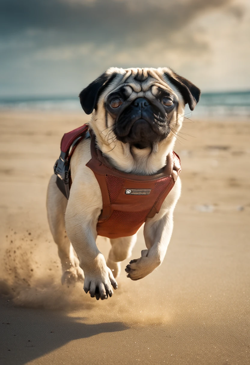 cachorro pug correndo pela praia