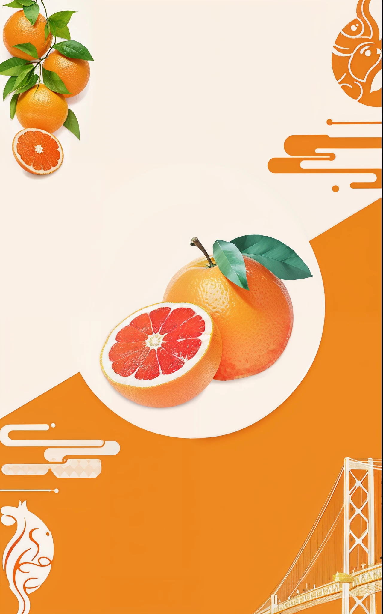 There is a plate,It has a grapefruit and a grapefruit on top, made with illustrator, orange backgorund, Orange background, orange color theme, sliced grapefruit, orange color theme, Flat illustration, Poster illustration, oranges, Orange color, A beautiful artwork illustration, Oranges and orange slices, apple orange, Commercial illustration, highlydetailedillustrations, made in adobe illustrator