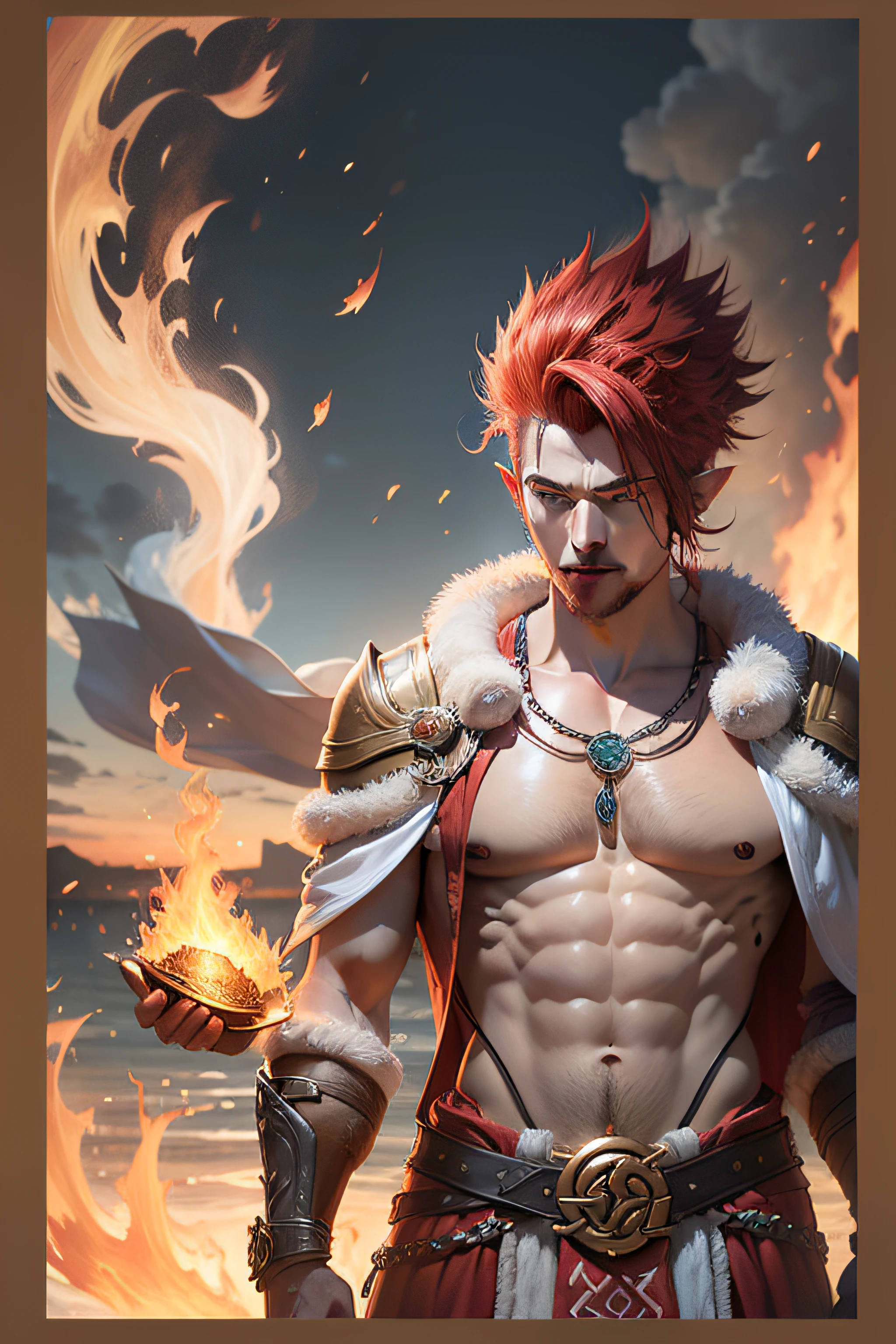 male fire elf elemental jin with flowing mohawk fire hair celtic wearing togas in Pompey