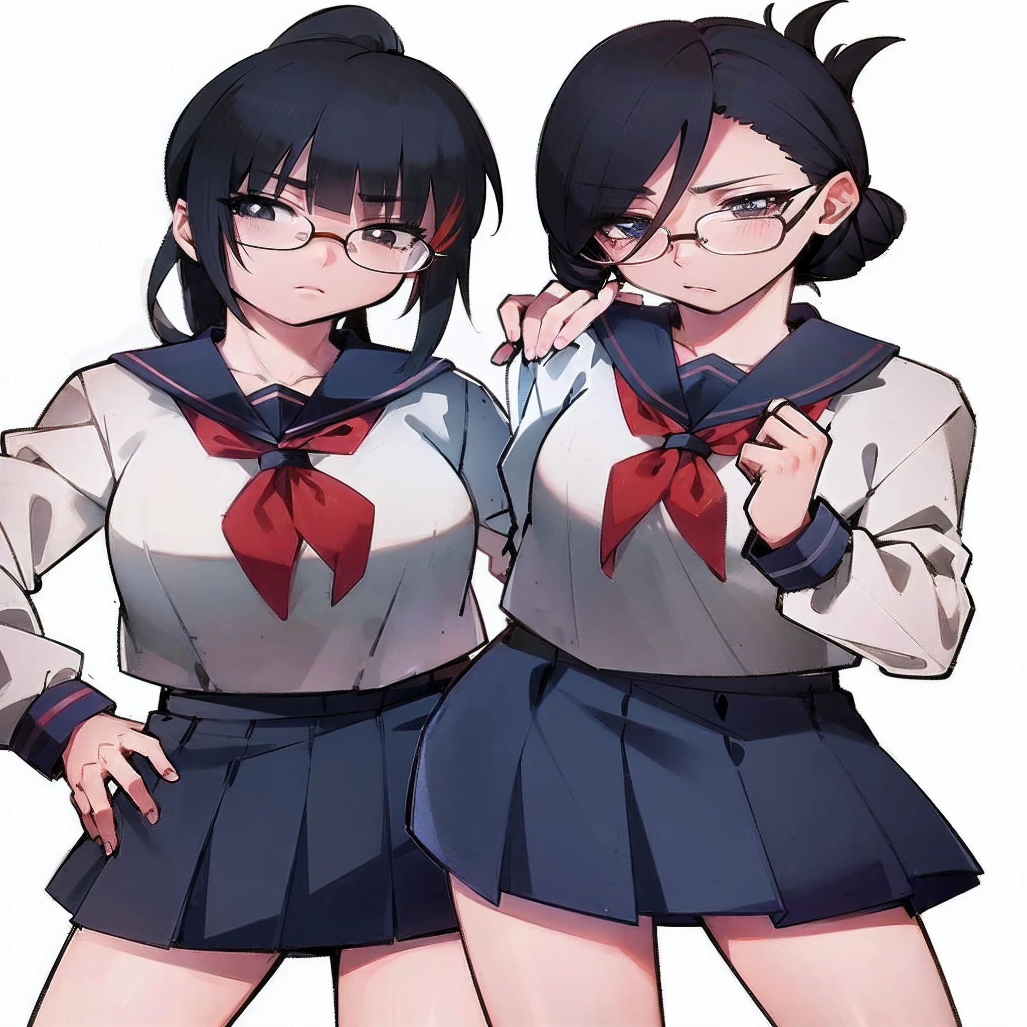 two anime girls in school uniforms posing for a picture, anime moe artstyle, ecchi anime style, kantai collection style, in an anime style, in anime style, jk uniform, seifuku, in japanese anime style, wearing japanese school uniform, two beautiful anime girls, wearing school uniform, yandere, in the art style of 8 0 s anime, (((glasses, masterpiece, best quality)))