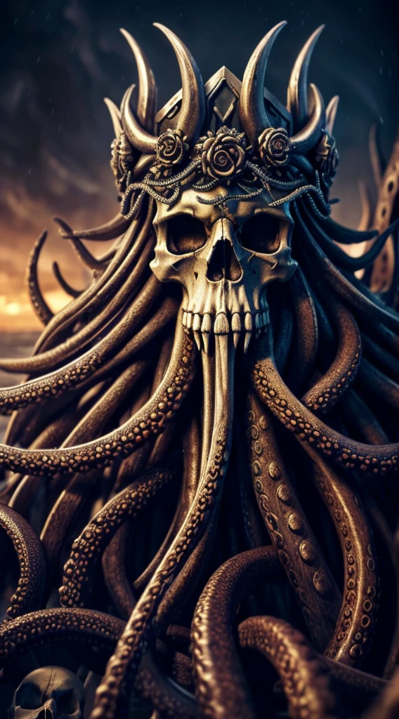 (extremely detailed CG unity 16k wallpaper:1.1), (Denoising strength: 1.45), (tmasterpiece:1.37), skull, Tentacles, Bone crown, Octopus, Lovecraft, Aesthetics, Hermeus Mora, Cinematic, Realism, High quality, High quality