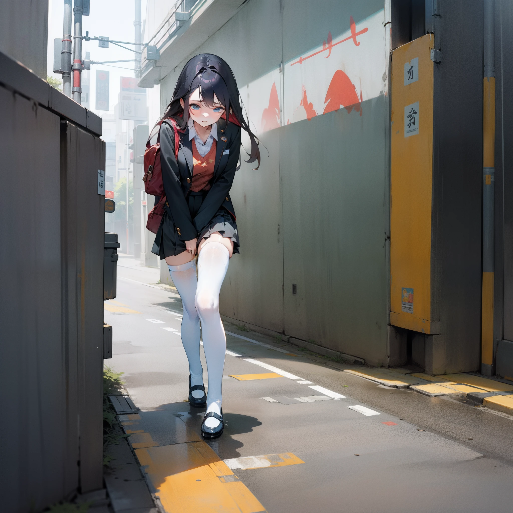 Anime girl in a short skirt and jacket walking down a street - SeaArt AI