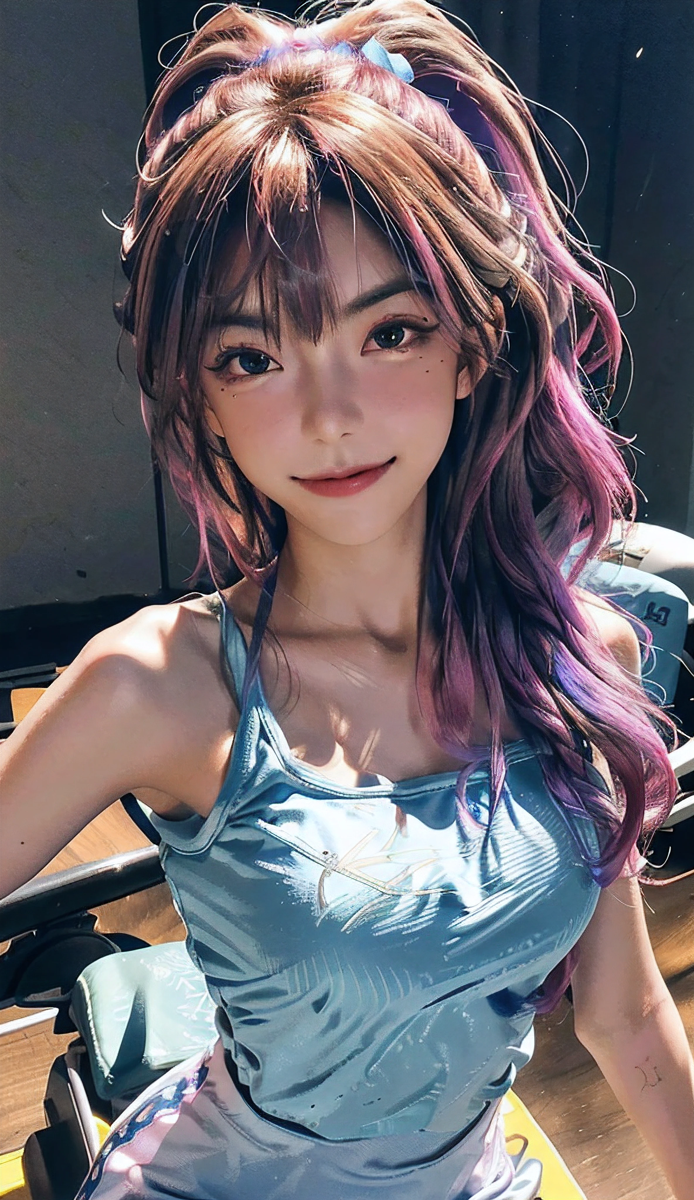 Arapefi，A pink ribbon is tied over his hair，White top, hyper realistic anime, Realistic anime 3 D style, 3 d anime realistic, photorealistic anime girl rendering, Surrealism female students, Photorealistic anime, Surrealism female students, Anime girl cosplay, Realistic young anime girl, realistic anime artstyle, [ 4 K photorealism ]!!