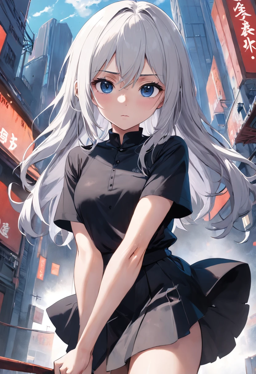 Photorealistic, high resolution, 1 woman, solo, hips up, pretty eyes, white hair, round eyes, black short sleeve t-shirt ,black dress, pencil skirt, black socks