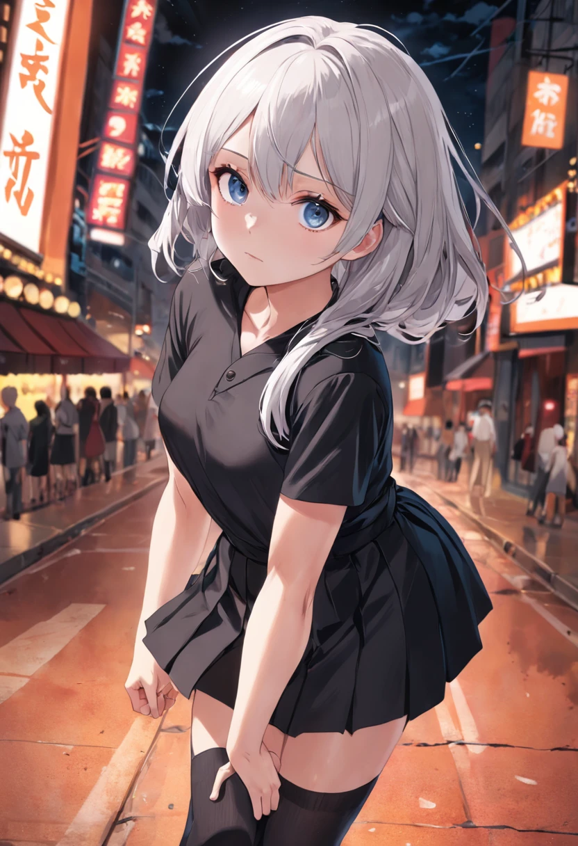 Photorealistic, high resolution, 1 woman, solo, hips up, pretty eyes, white hair, round eyes, black short sleeve t-shirt ,black dress, pencil skirt, black socks