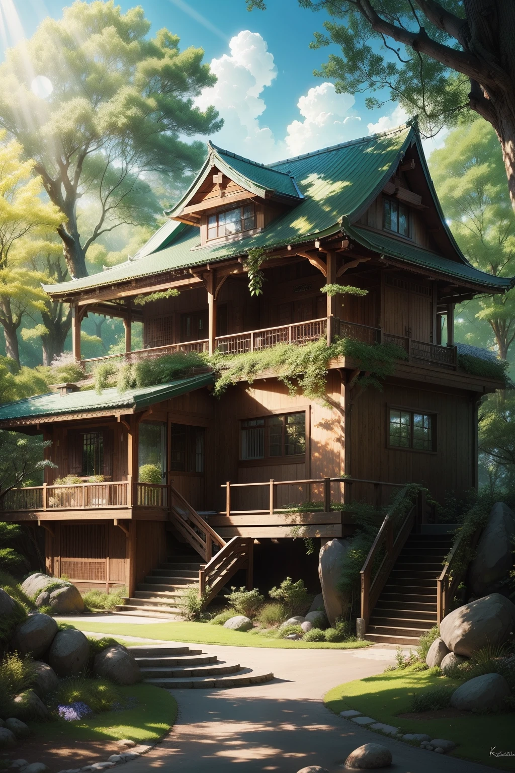 realisticlying,tmasterpiece,Highest quality,Realistis,Realiy,BYD Auto,Villas,the trees,rays of sunshine,Blue sky,kotori,Fresh environment