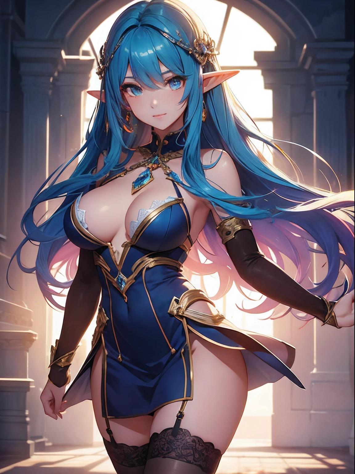 Cute elf girl,Exquisite Hair,Colored inner hair,Pick and dye your hair,Colorful hair,With Ultra HD details,Professional lighting and lighting。Tall and tall,Sexy clothes,Stockings,Delicate earrings,Delicate necklace,light breeze,Brighter scenes,More refined facial features,eyes with brightness,Light smile,anaglyph,tachi-e,Atmospheric perspective,High detail backlight,Chiaroscuro,full bloom,Ray trajectories,Perspective top-down,super detailing、acurate、best qualityer、Textured epidermis、Anatomically correct