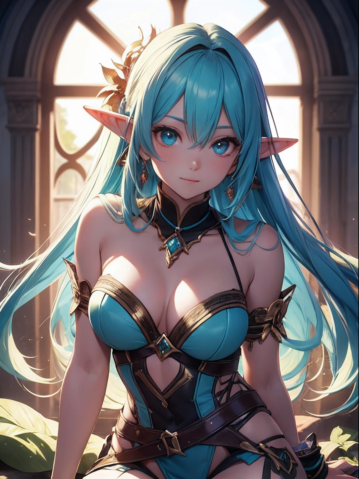 Cute elf girl,Exquisite Hair,Colored inner hair,Pick and dye your hair,Colorful hair,With Ultra HD details,Professional lighting and lighting。Tall and tall,Sexy clothes,Stockings,Delicate earrings,Delicate necklace,light breeze,Brighter scenes,More refined facial features,eyes with brightness,Light smile,anaglyph,tachi-e,Atmospheric perspective,High detail backlight,Chiaroscuro,full bloom,Ray trajectories,Perspective top-down,super detailing、acurate、best qualityer、Textured epidermis、Anatomically correct