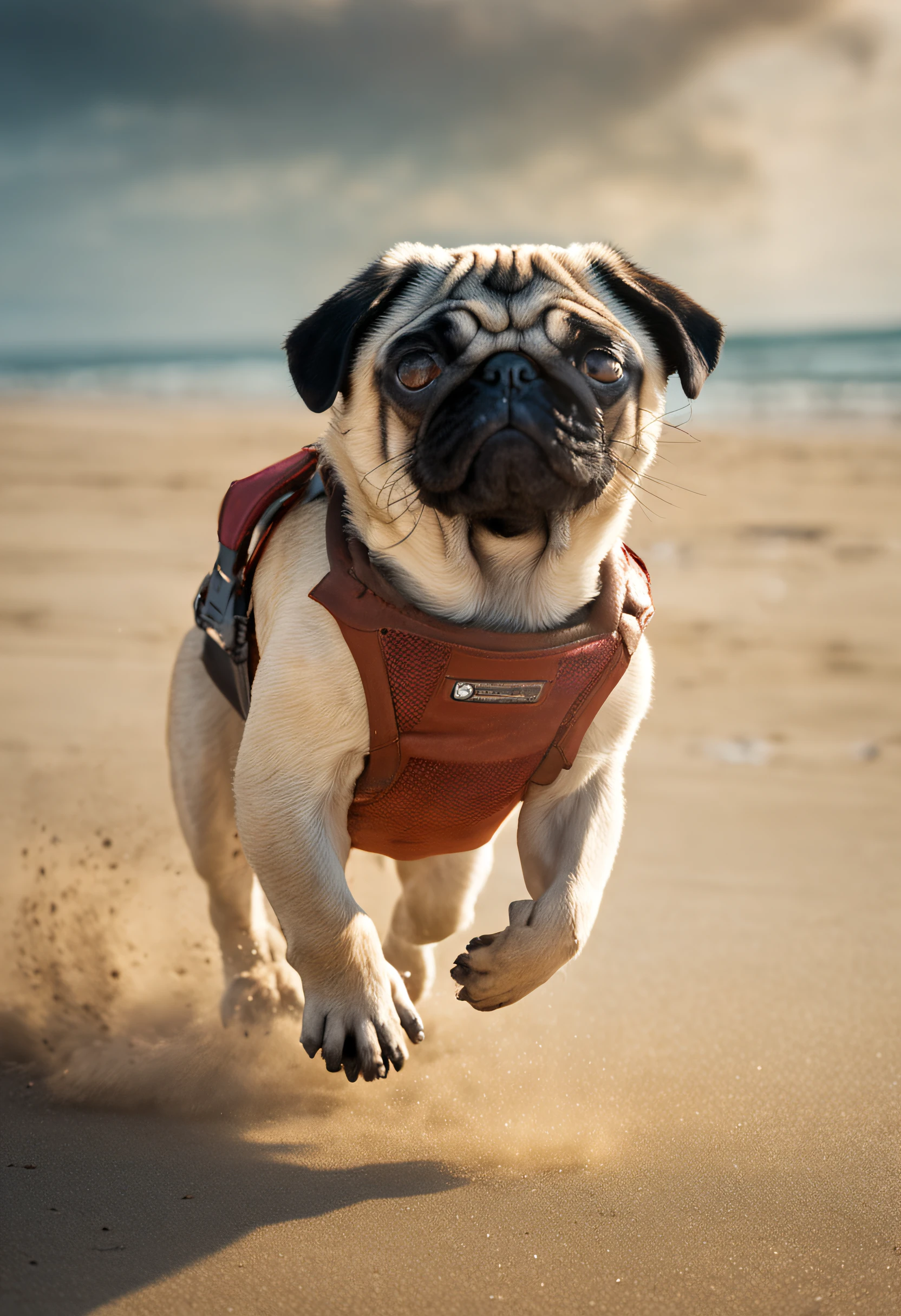 cachorro pug correndo pela praia