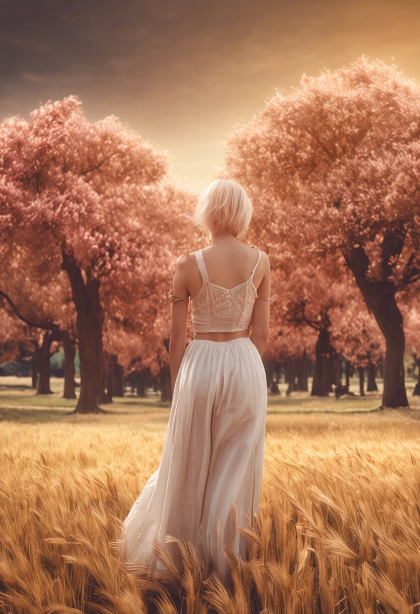 white color hair,Cute high school girl,Golden wheat field background